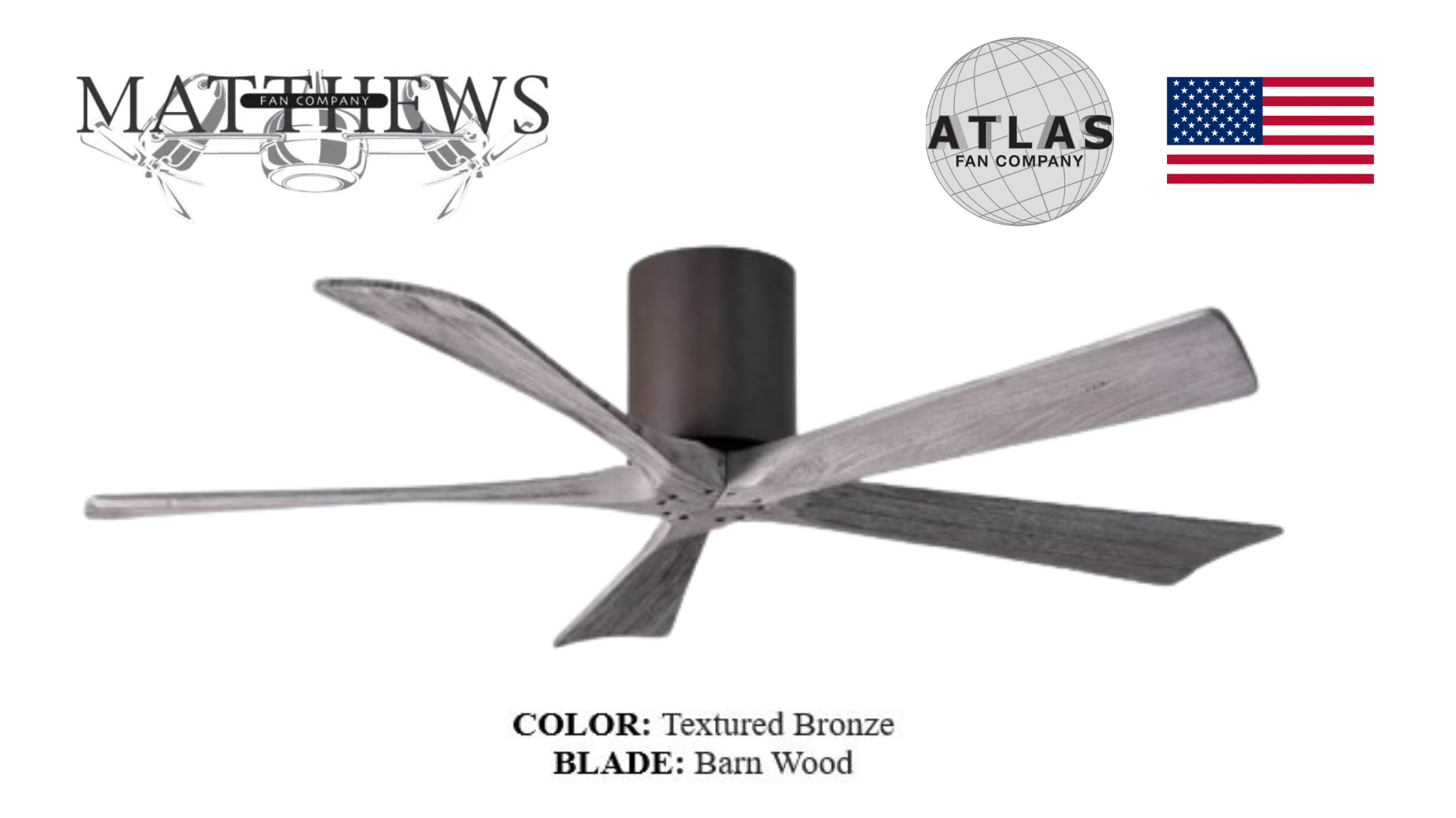 A textured bronze ceiling fan with five blades that appear to be made of barn wood. The fan is pictured with a logo and flag indicating the brand 'Irene' and an American flag.