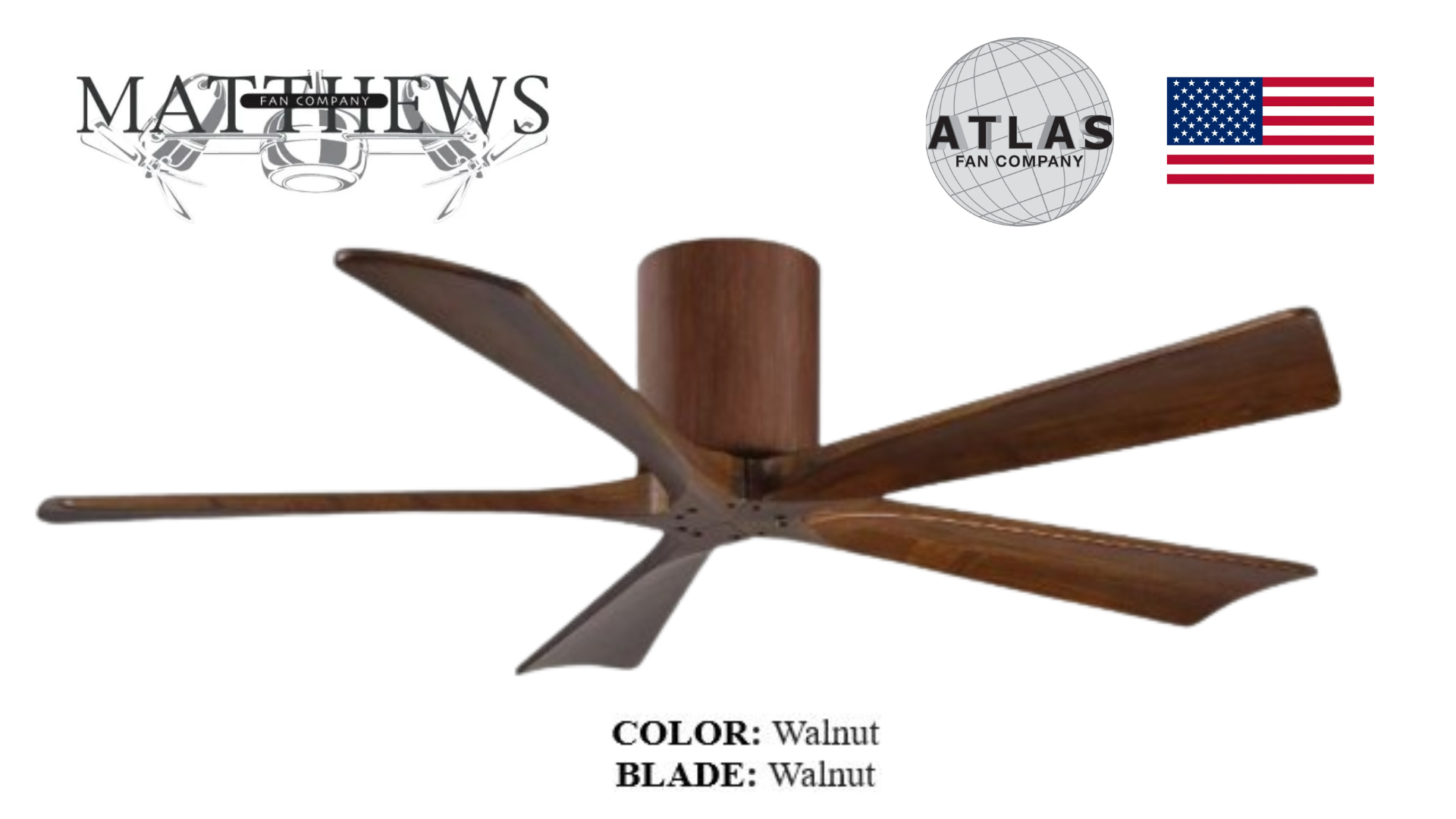 A walnut brown ceiling fan with five blades and a cylindrical motor housing.