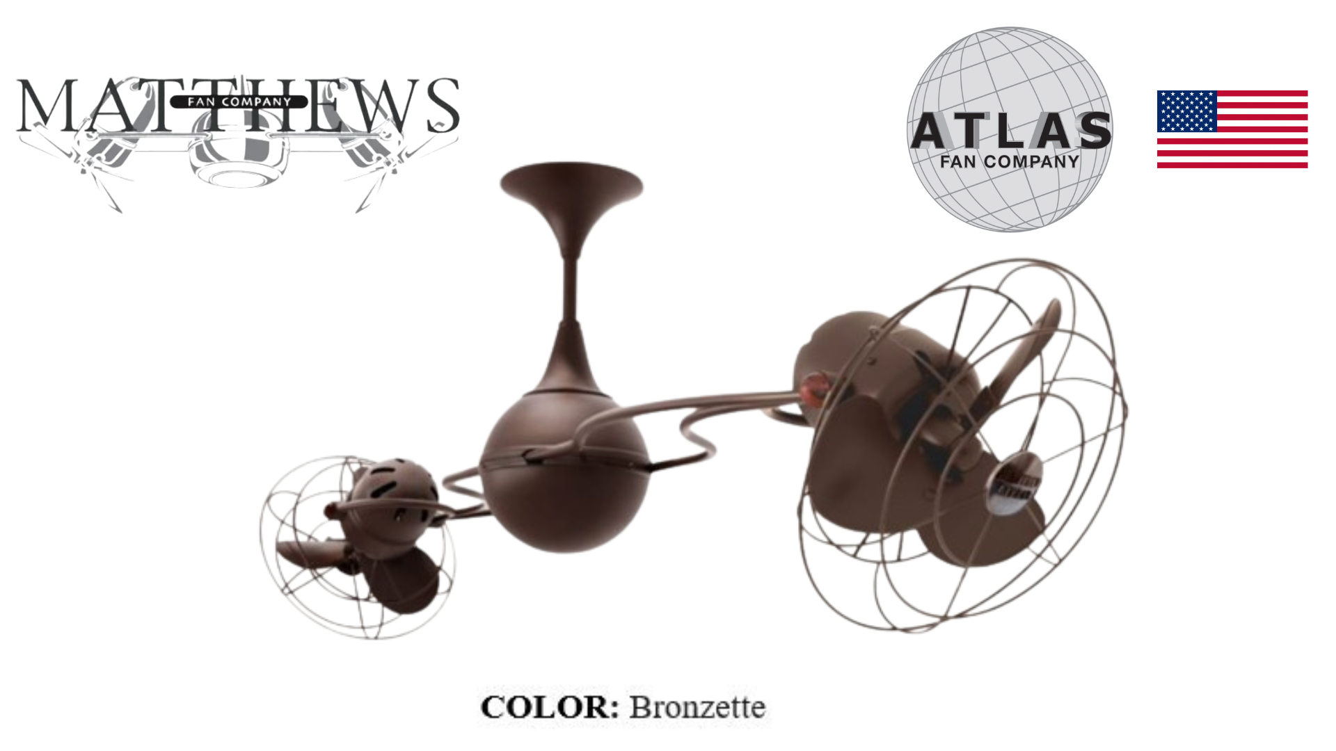 Rotational dual ceiling fan with sculpted arms and multiple fan heads, branded by Matthews Fan Co.