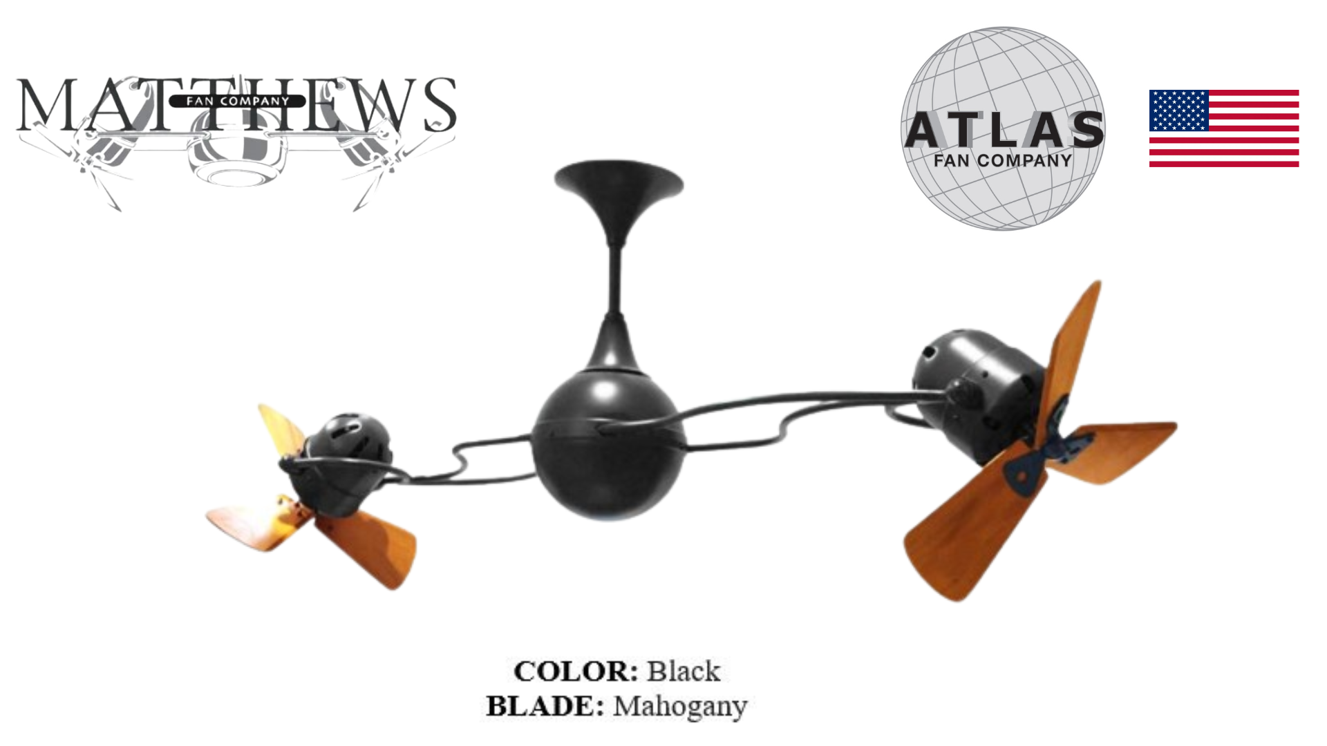 A black rotational dual ceiling fan with wooden blades, branded by Matthews Fan Co, with a central hub and two fan heads positioned at different angles.