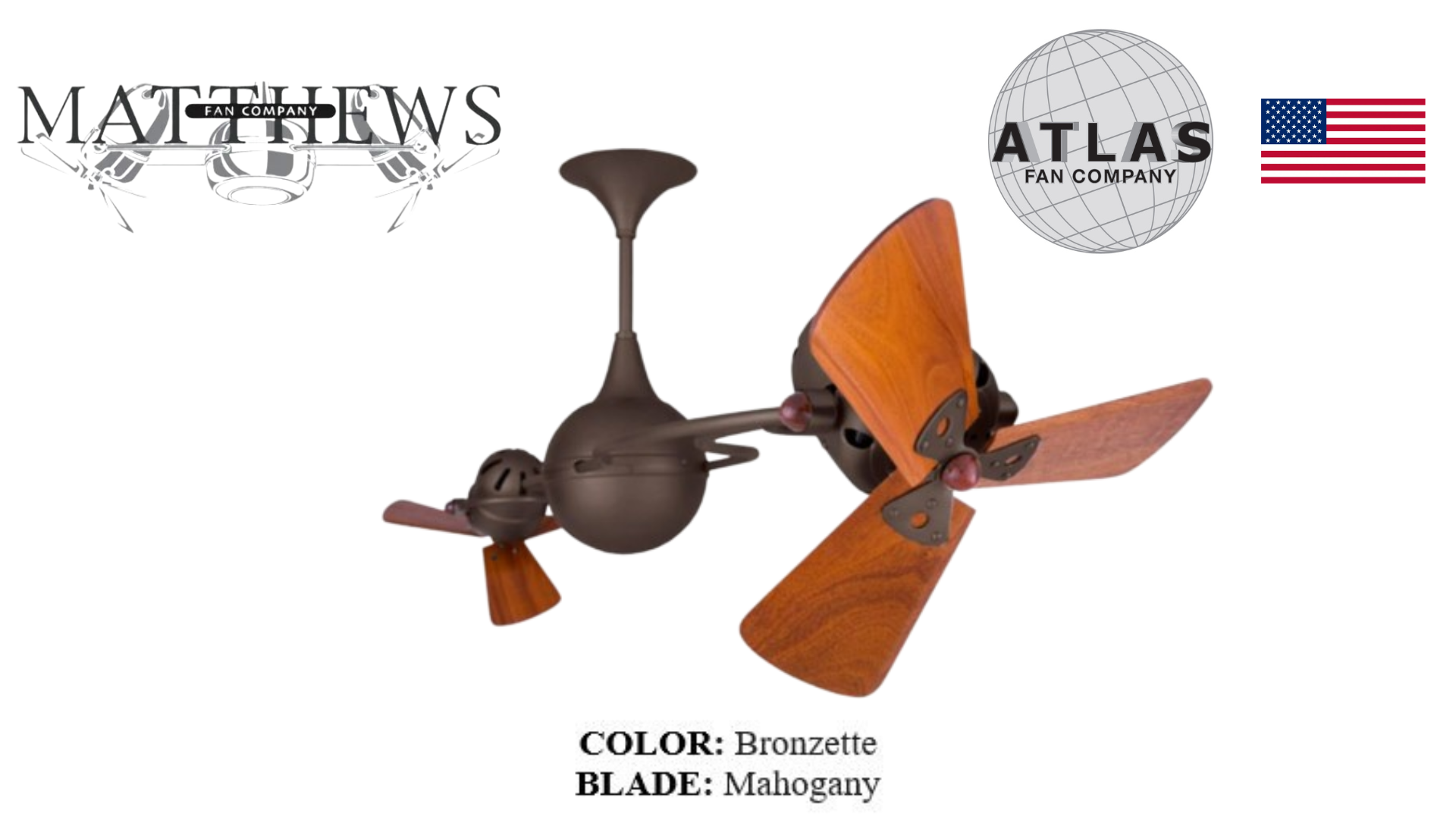 A black rotational dual ceiling fan with wooden blades, branded by Matthews Fan Co, with a central hub and two fan heads positioned at different angles.