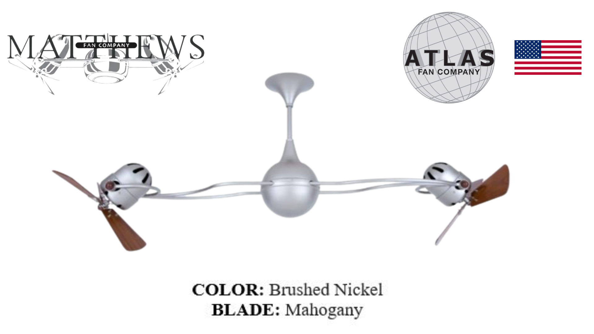 A black rotational dual ceiling fan with wooden blades, branded by Matthews Fan Co, with a central hub and two fan heads positioned at different angles.
