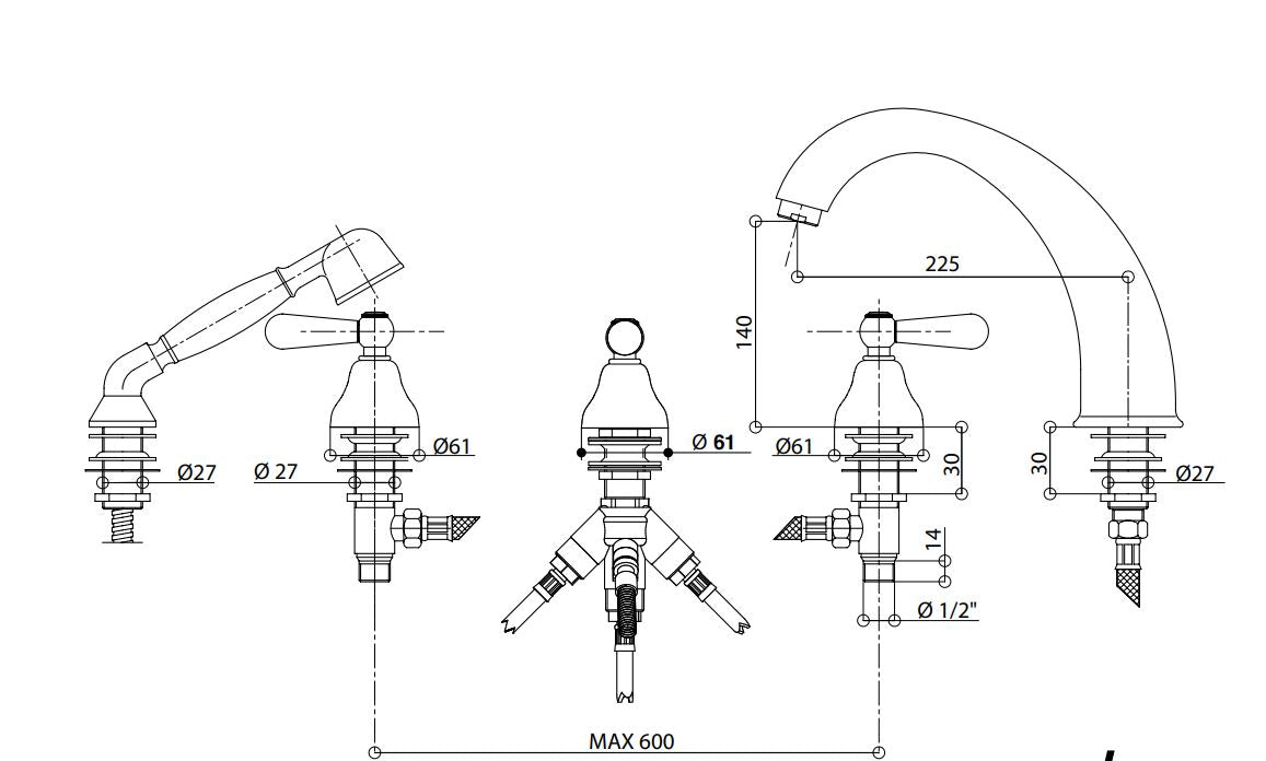 basin mixer with shower set dimensions chart Bongio Latosca