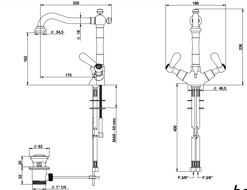 single hole basin mixer dimensions chart Bongio Latosca