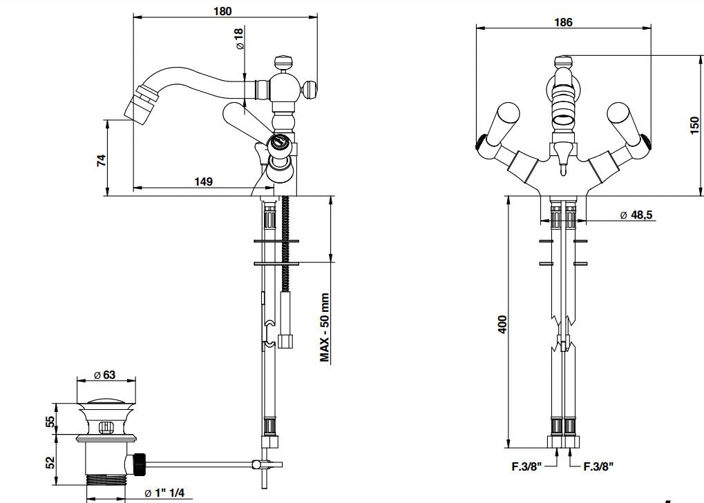 single hole bidet mixer dimensions chart Bongio Latosca