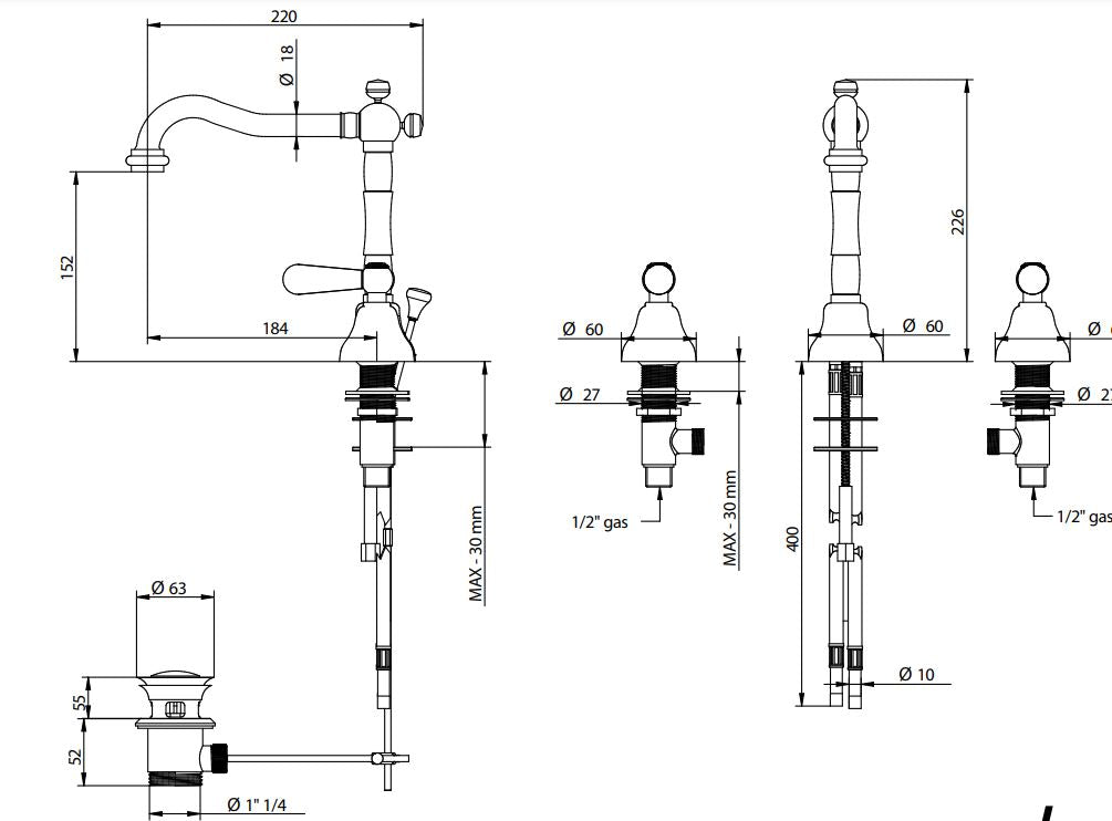 three holes basin mixer dimensions chart Bongio Latosca