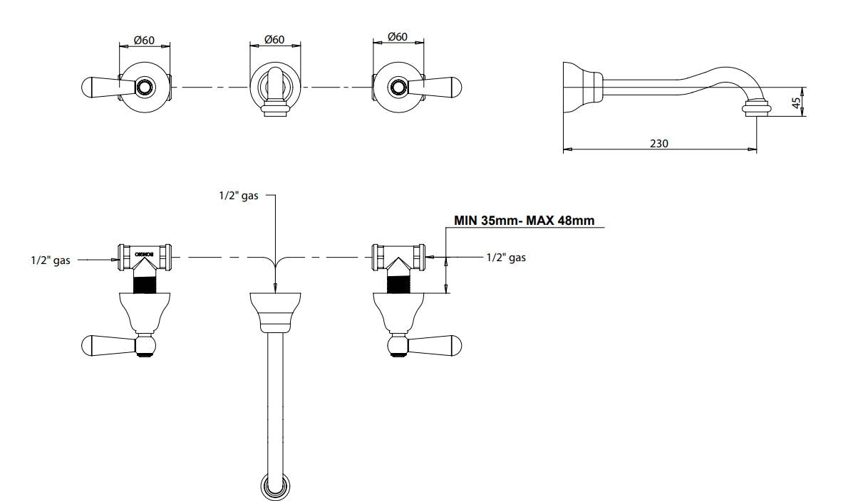 wall mounted basin mixer 230mm spout dimensions chart Bongio Latosca