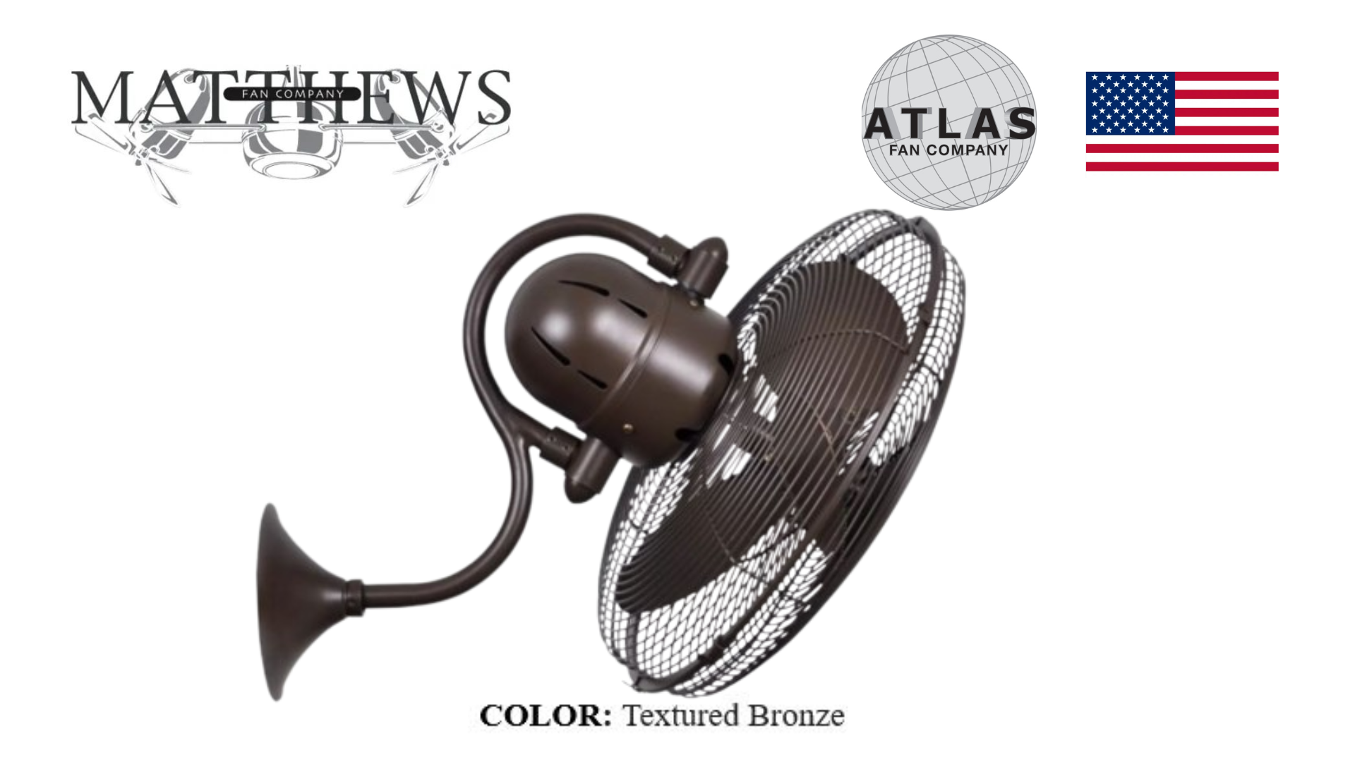 A wall-mounted fan with a bronze finish, branded by Matthews, with a oscillating guard.