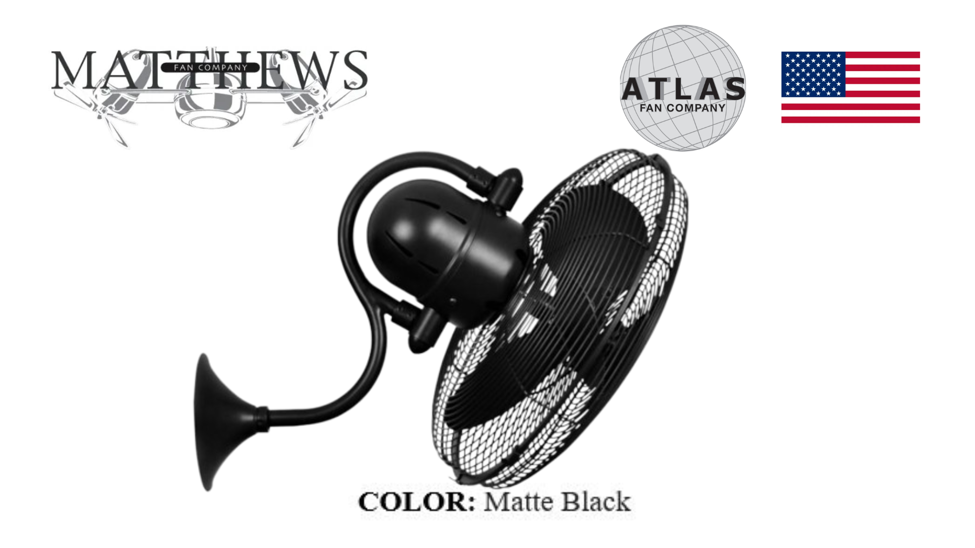 A wall-mounted fan with a bronze finish, branded by Matthews, with a oscillating guard.