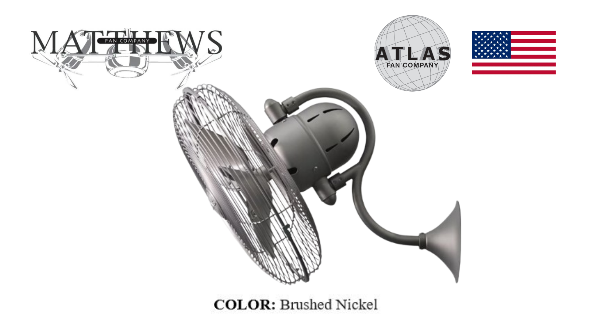 A wall-mounted fan with a bronze finish, branded by Matthews, with a oscillating guard.