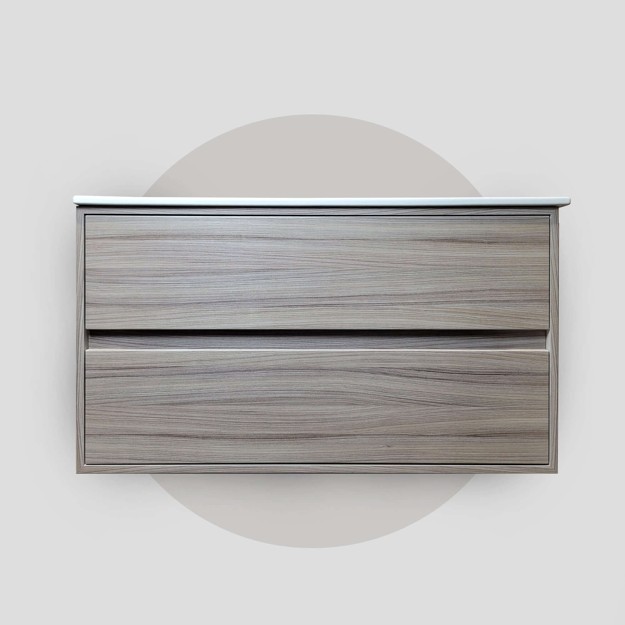 A modern bathroom vanity unit with a wooden finish and a metal drawer front.