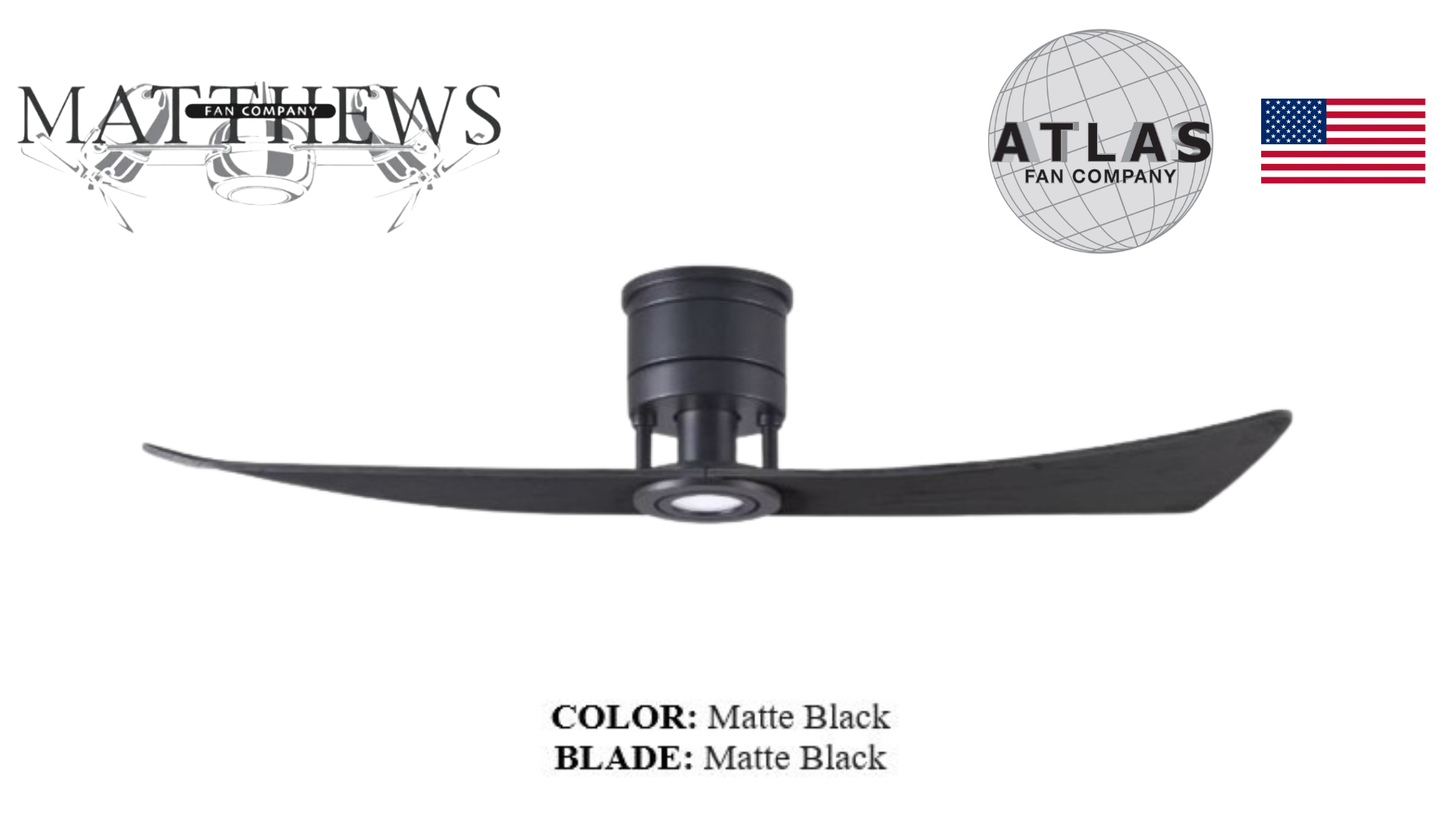 A matte black two-blade ceiling fan with integrated LED light, from the brand Lindsay.