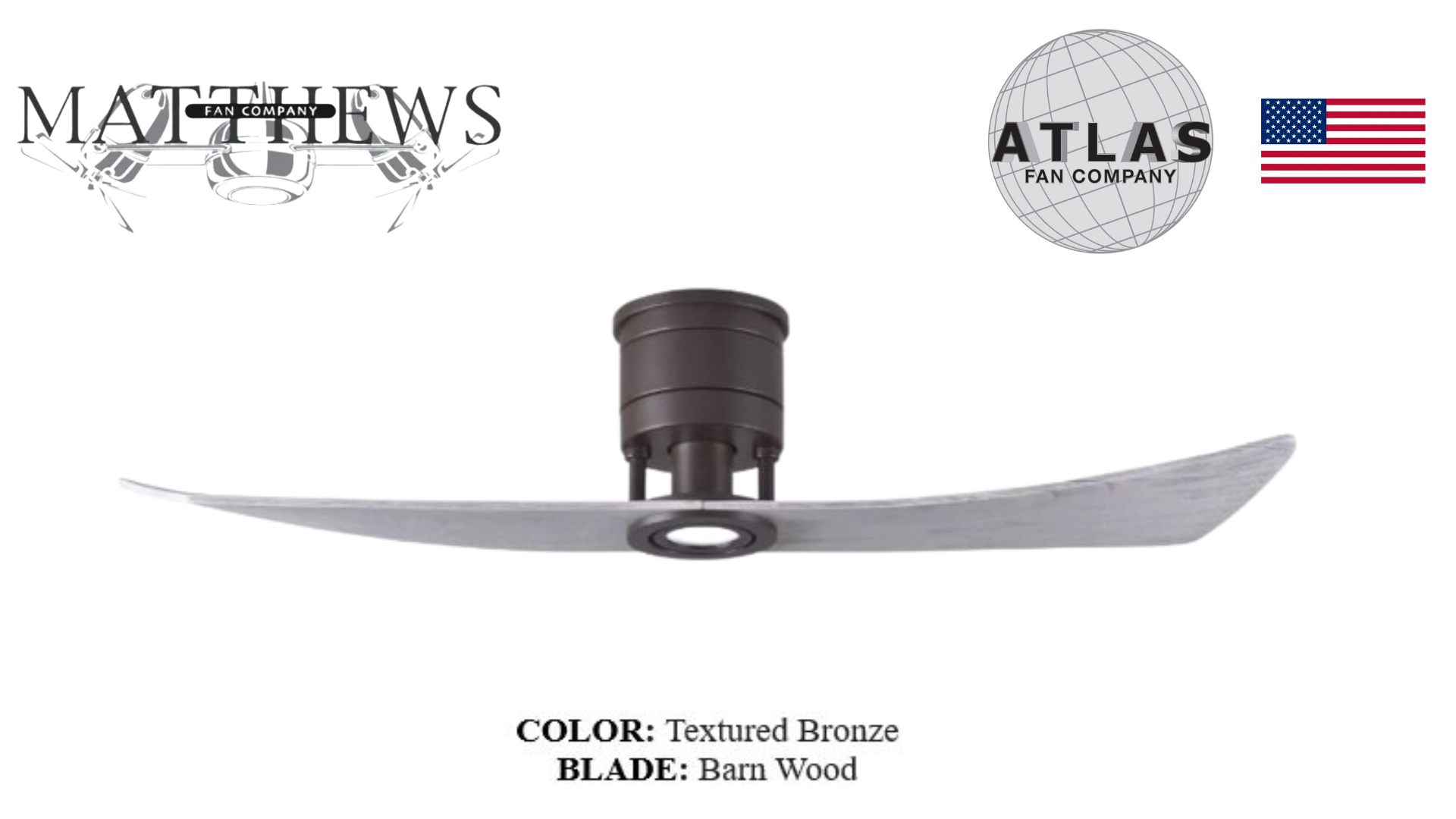 A textured bronze two blade ceiling fan by Lindsay, with the blade finish option shown as barn wood. The fan is positioned against a white background with the logos of Matthews and Atlas at the top.