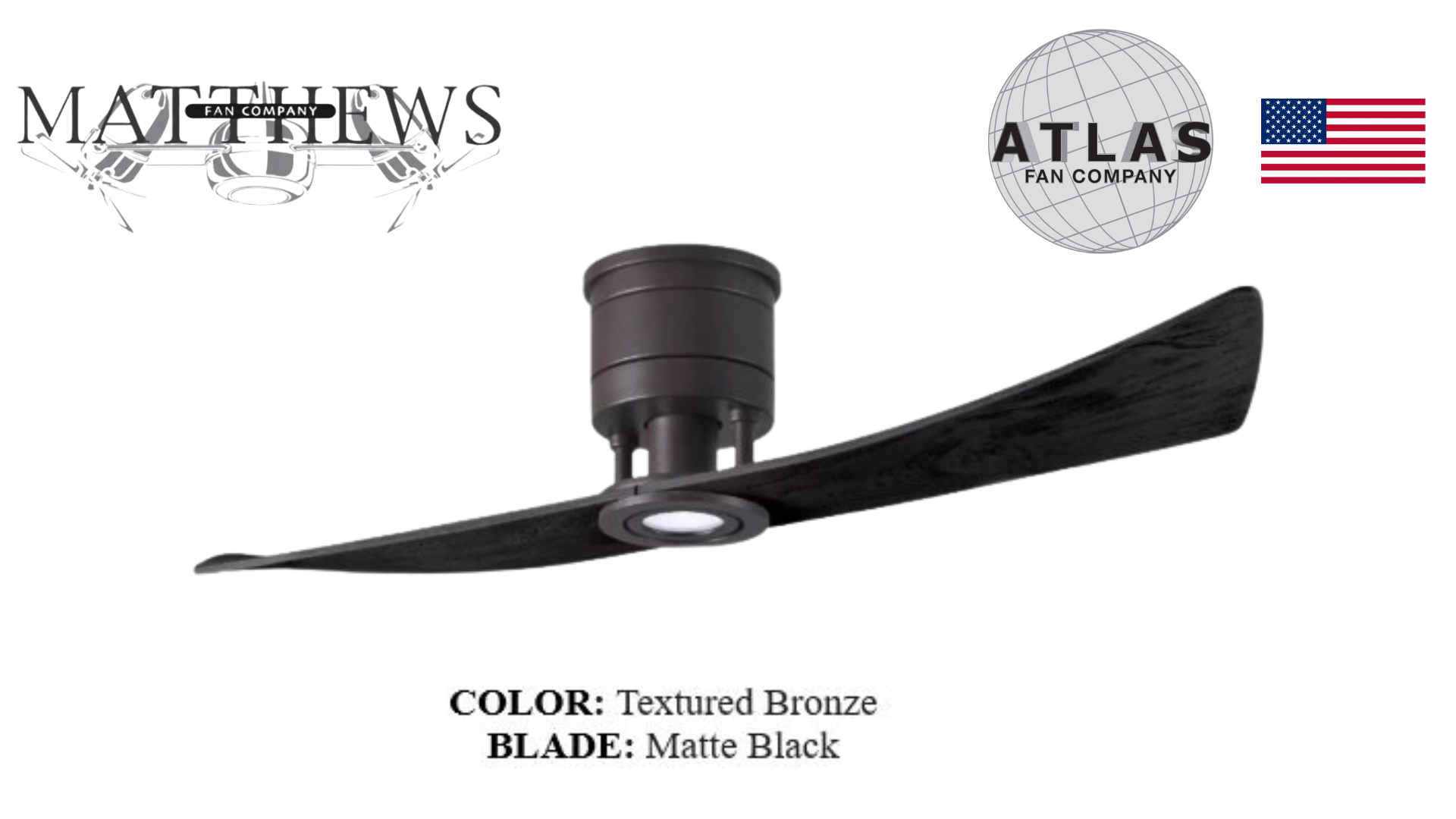 A textured bronze two blade ceiling fan by Lindsay, with the blade finish option shown as barn wood. The fan is positioned against a white background with the logos of Matthews and Atlas at the top.