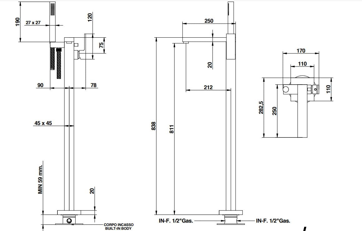 Bongio Linea floor standing tub filler diamention