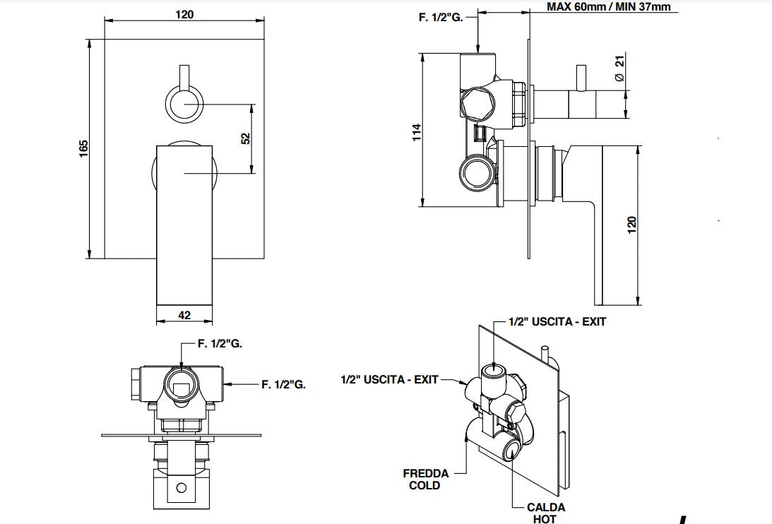 Bongio Linea two-way shower mixer diamention