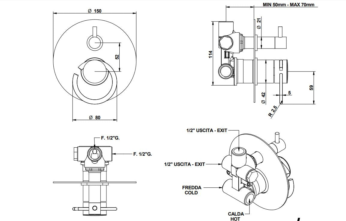 Bongio Linea built-in shower mixer with 2 exits