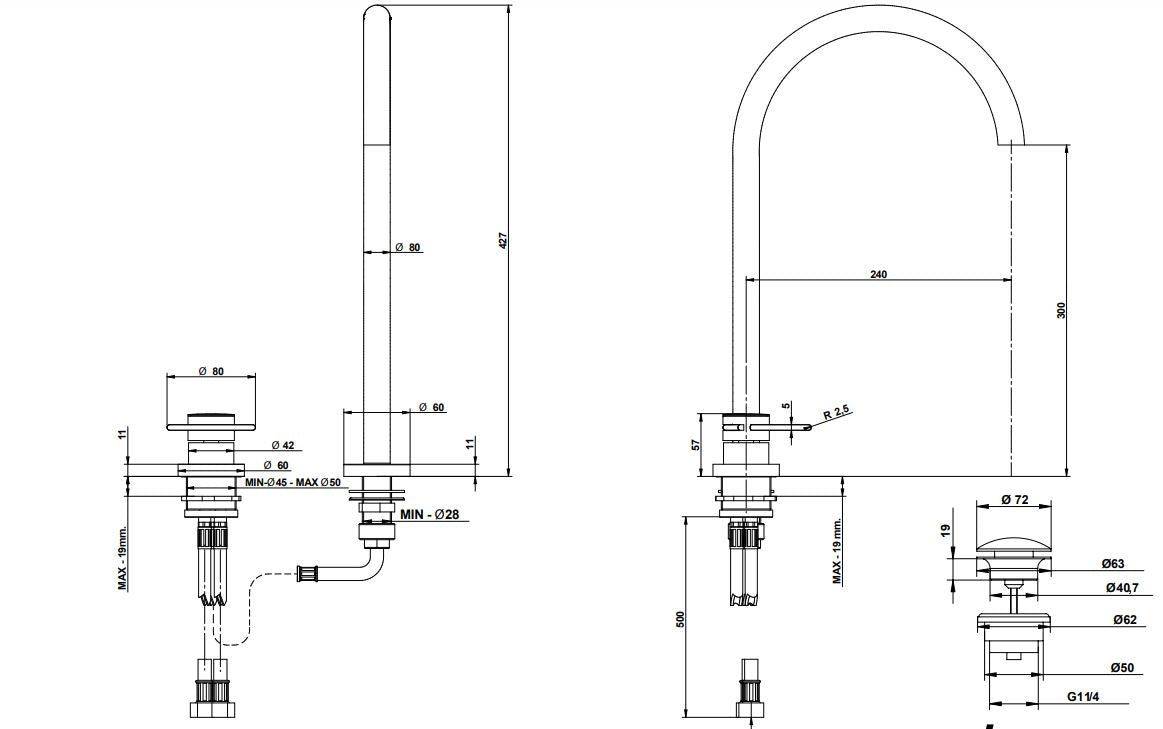 Bongio Linea two holes basin mixer with high spout