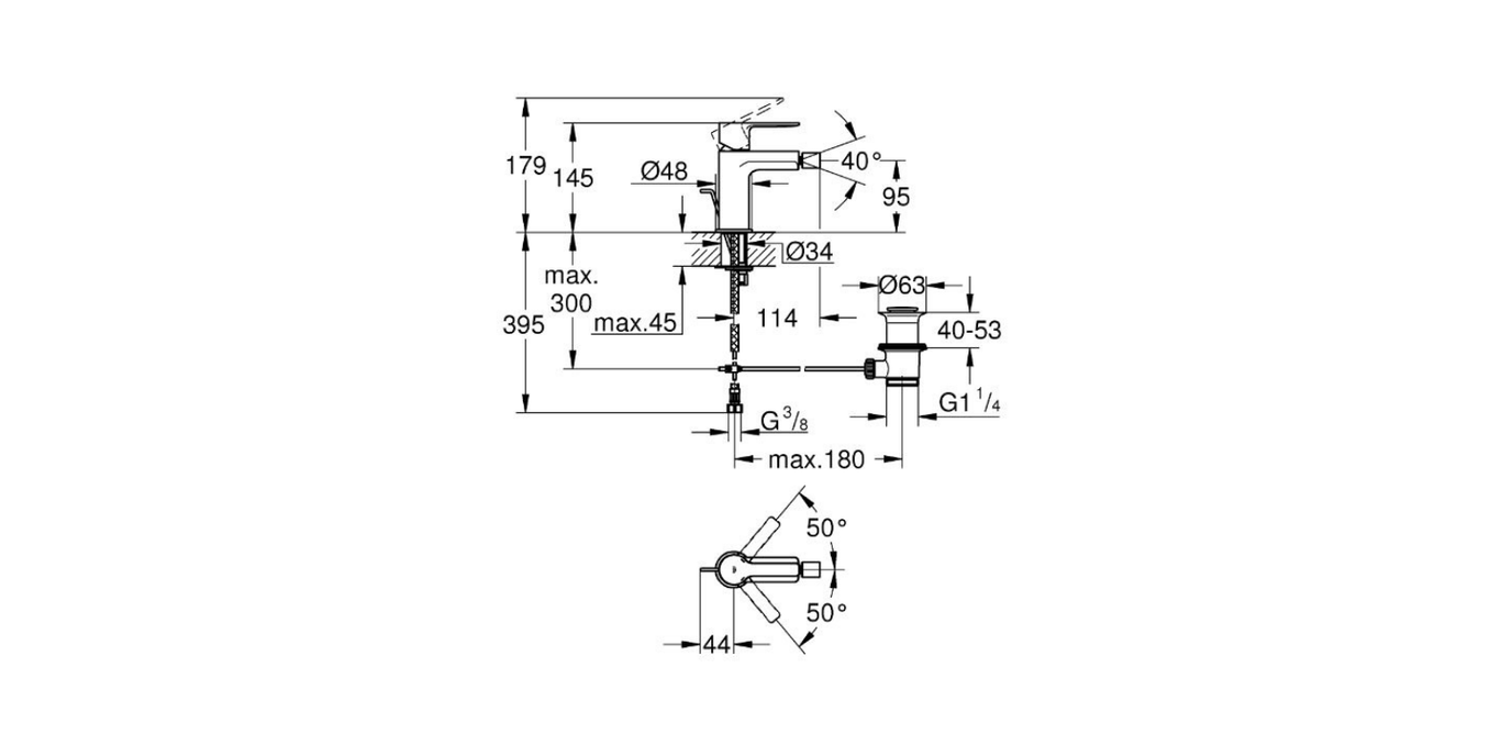 Grohe Lineare bidet mixer faucet technical dimensions chart