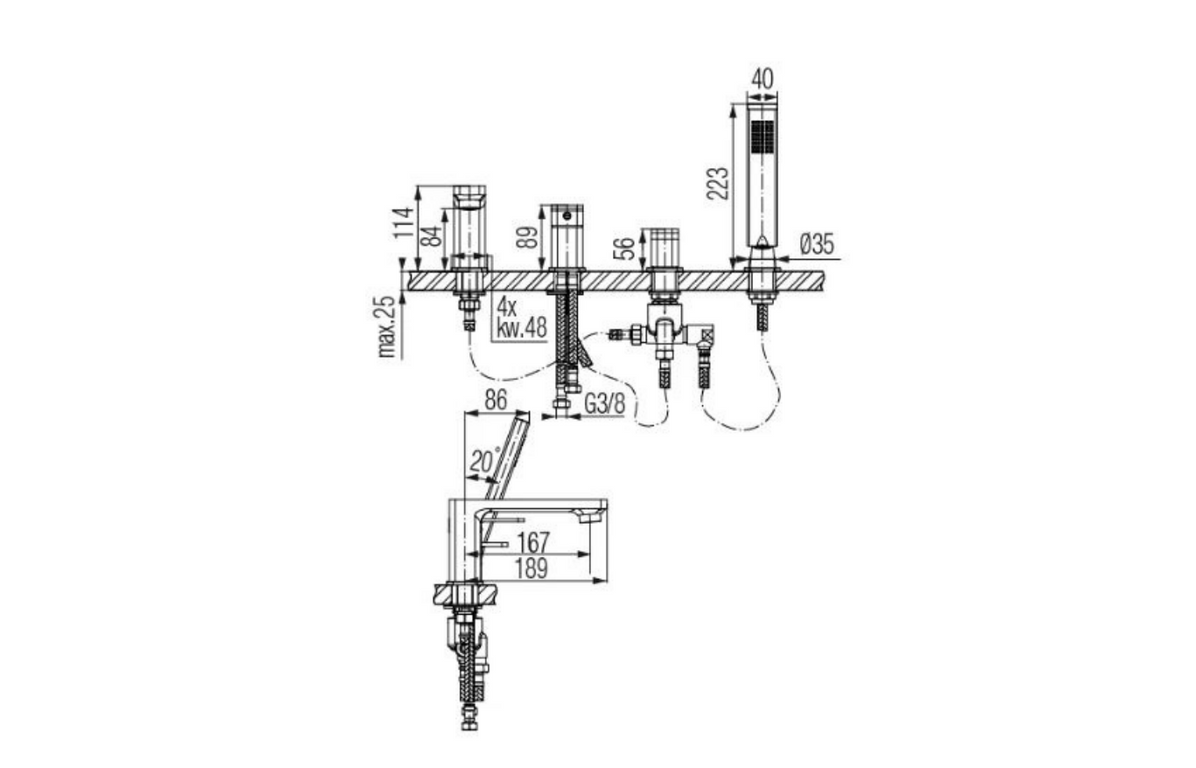 Valvex Loft four hole bath mixer technical dimensions and deck mounting layout