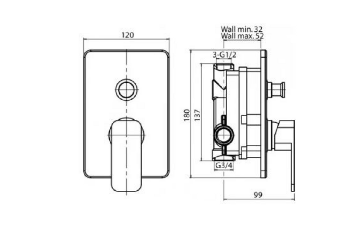Valvex Loft concealed bath shower mixer technical dimensions and wall installation guide