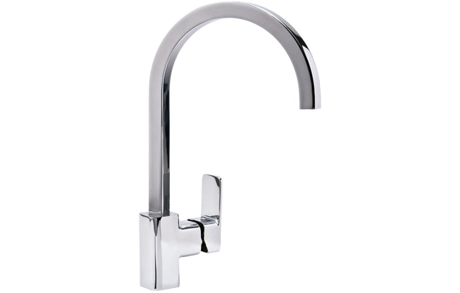 A silver-colored kitchen mixer with a standalone faucet and a hand-held showerhead, against a white background.