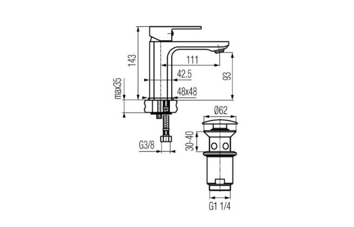 Valvex Loft Eco washbasin mixer technical dimensions and installation guide