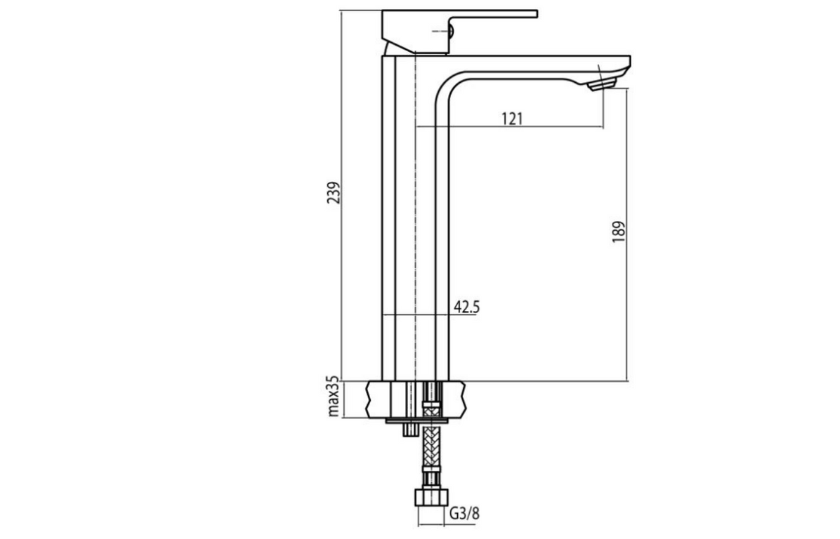 Valvex Loft Eco high basin mixer technical dimensions and countertop installation details
