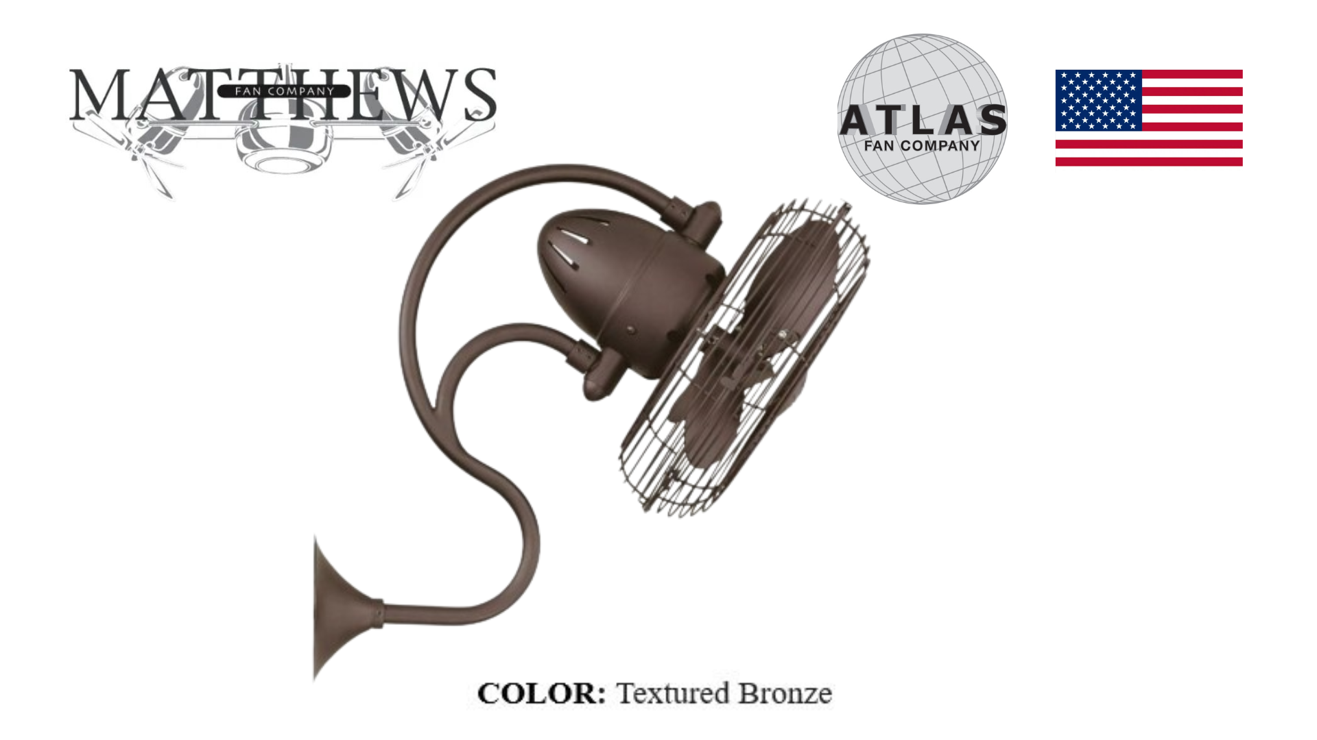 Wall mounted fan designed in the Art Nouveau style with a textured bronze finish, arching gooseneck, and the brand logo 'Matthews' visible.