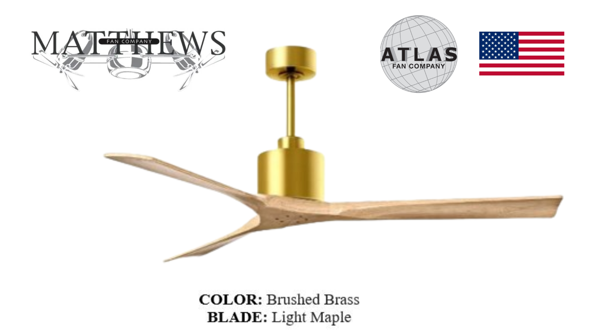 A NAN luxury ceiling fan with brushed brass finish and light maple blades, designed by Stephen Katz.