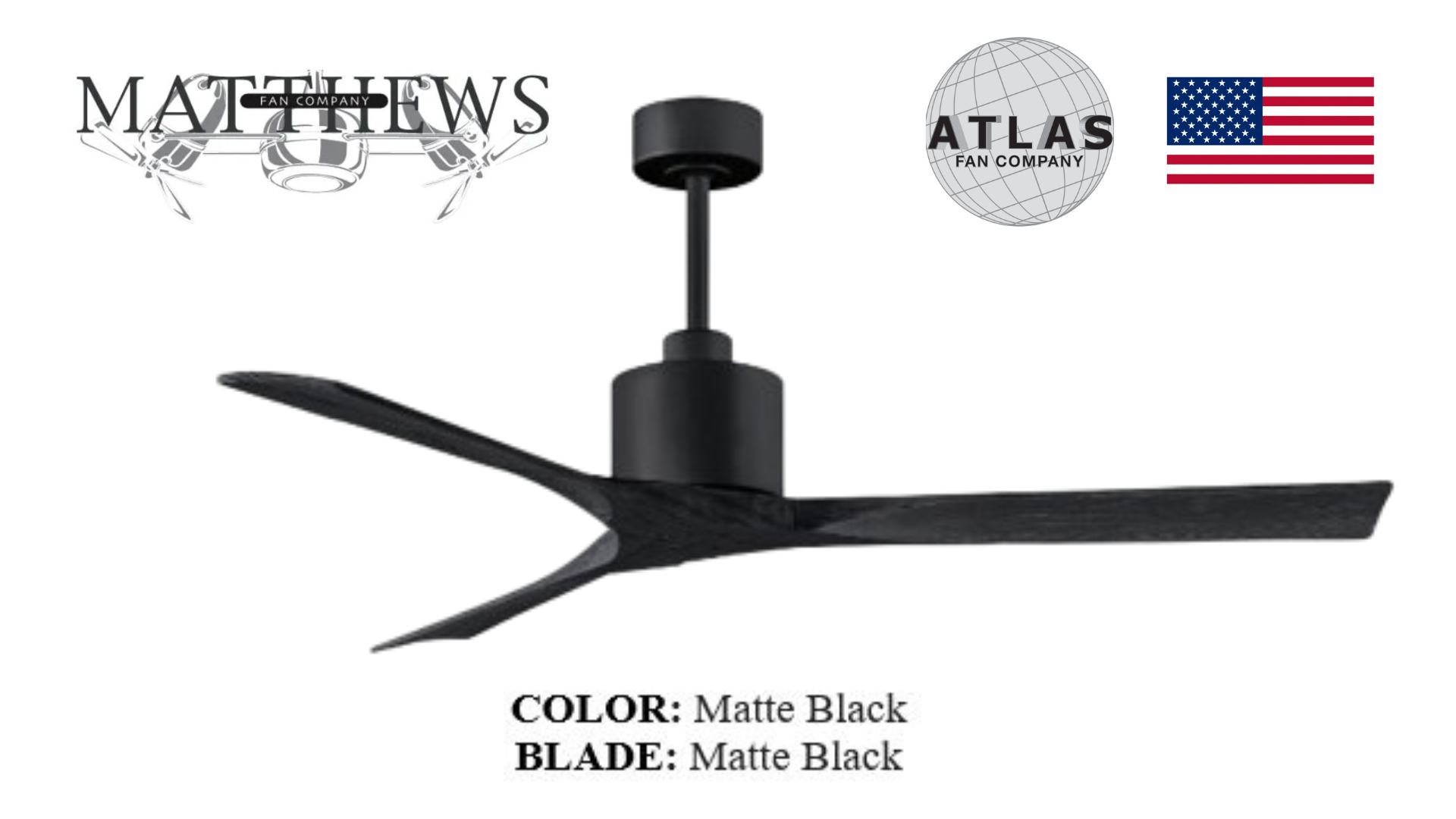 A matte black small size ceiling fan designed by Chicago architect Stephen Katz, with three blades and visible brand logos 'NAN' and 'ATLAS', against a white background.