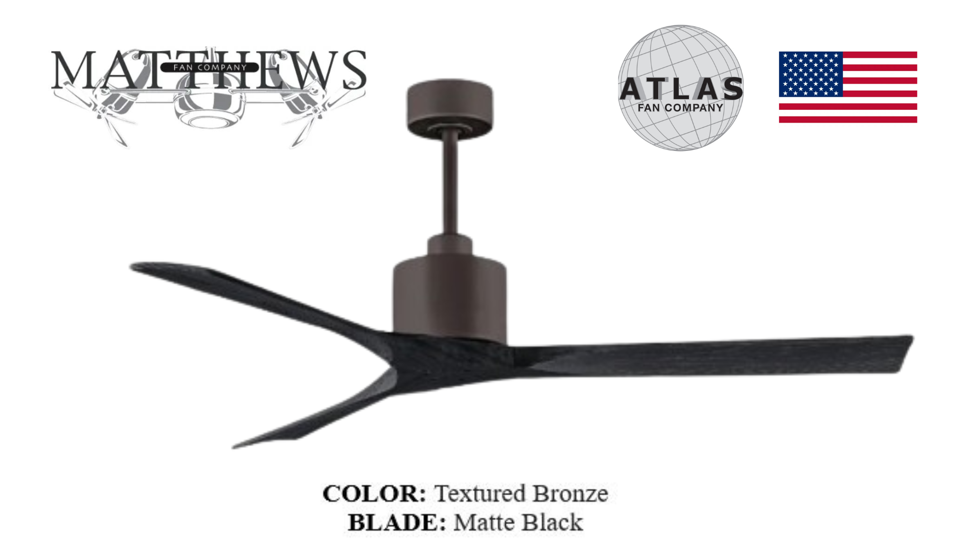 A modern ceiling fan with bronze finish and matte black blades, designed by Stephen Katz. The fan is displayed with the logos of Matthews and Atlas, and flags indicating American origin.