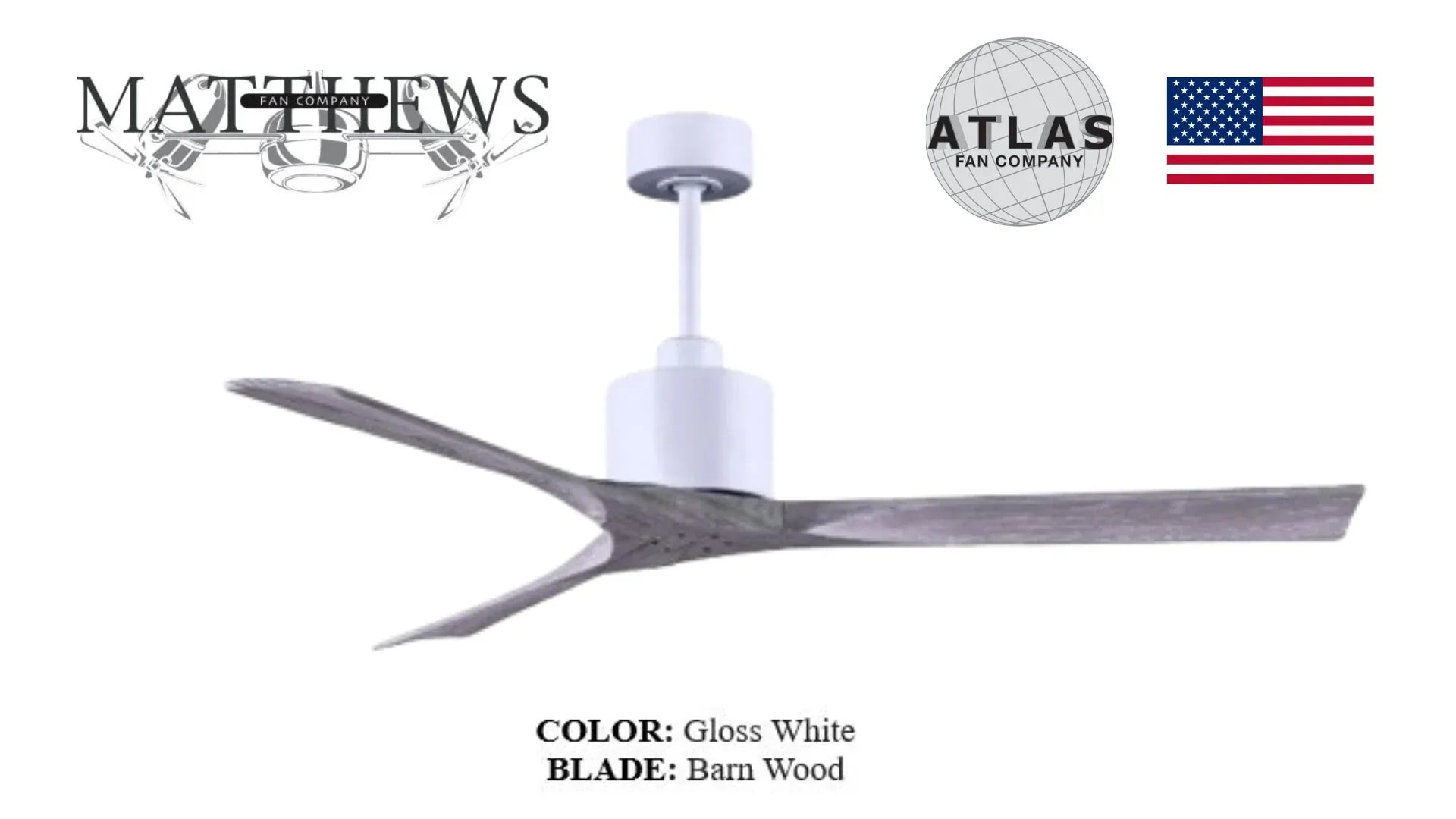 Modern gloss white ceiling fan with two barn wood blades and minimalist design.