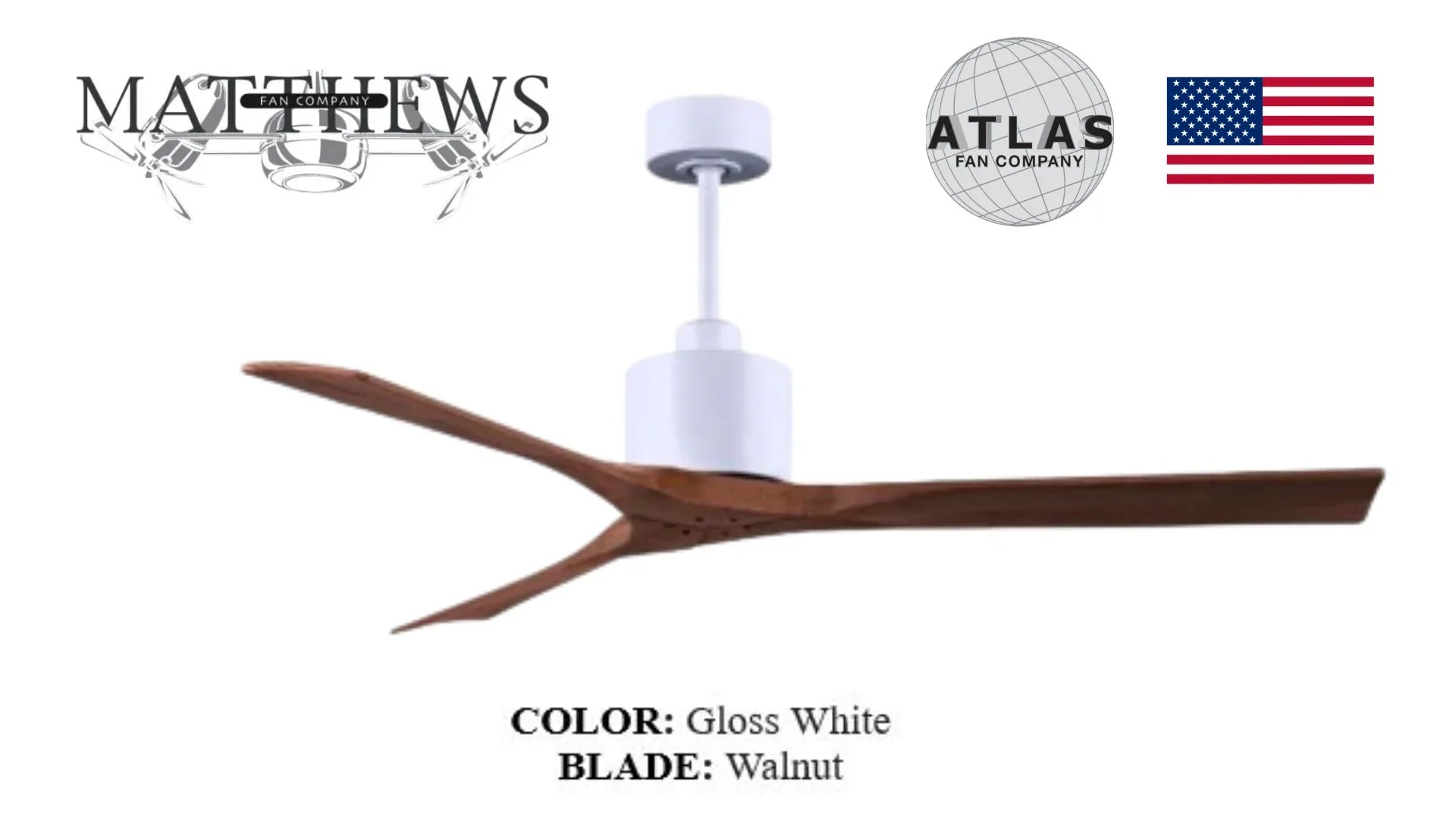 Modern ceiling fan with gloss white motor and walnut wood blades, contemporary design