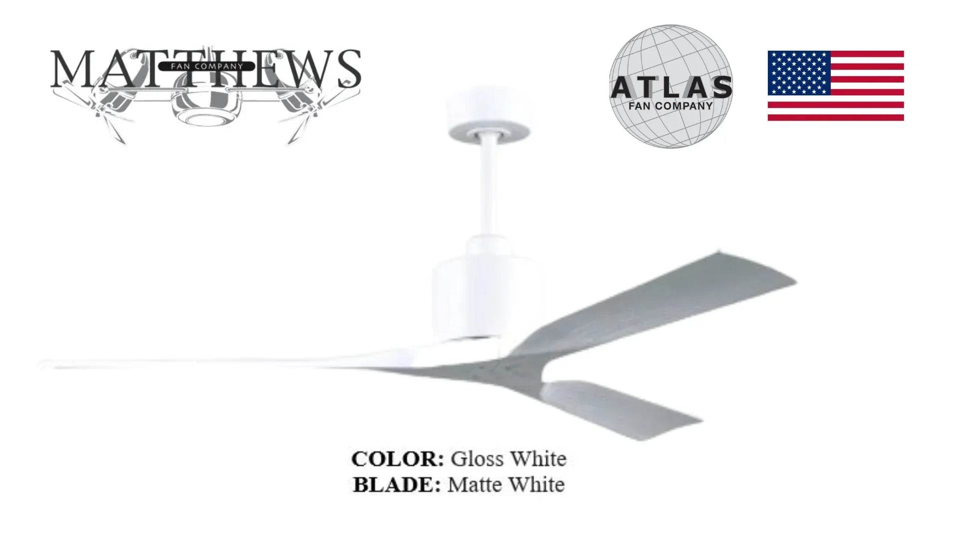 Modern gloss white ceiling fan with matte white blades and minimalist design