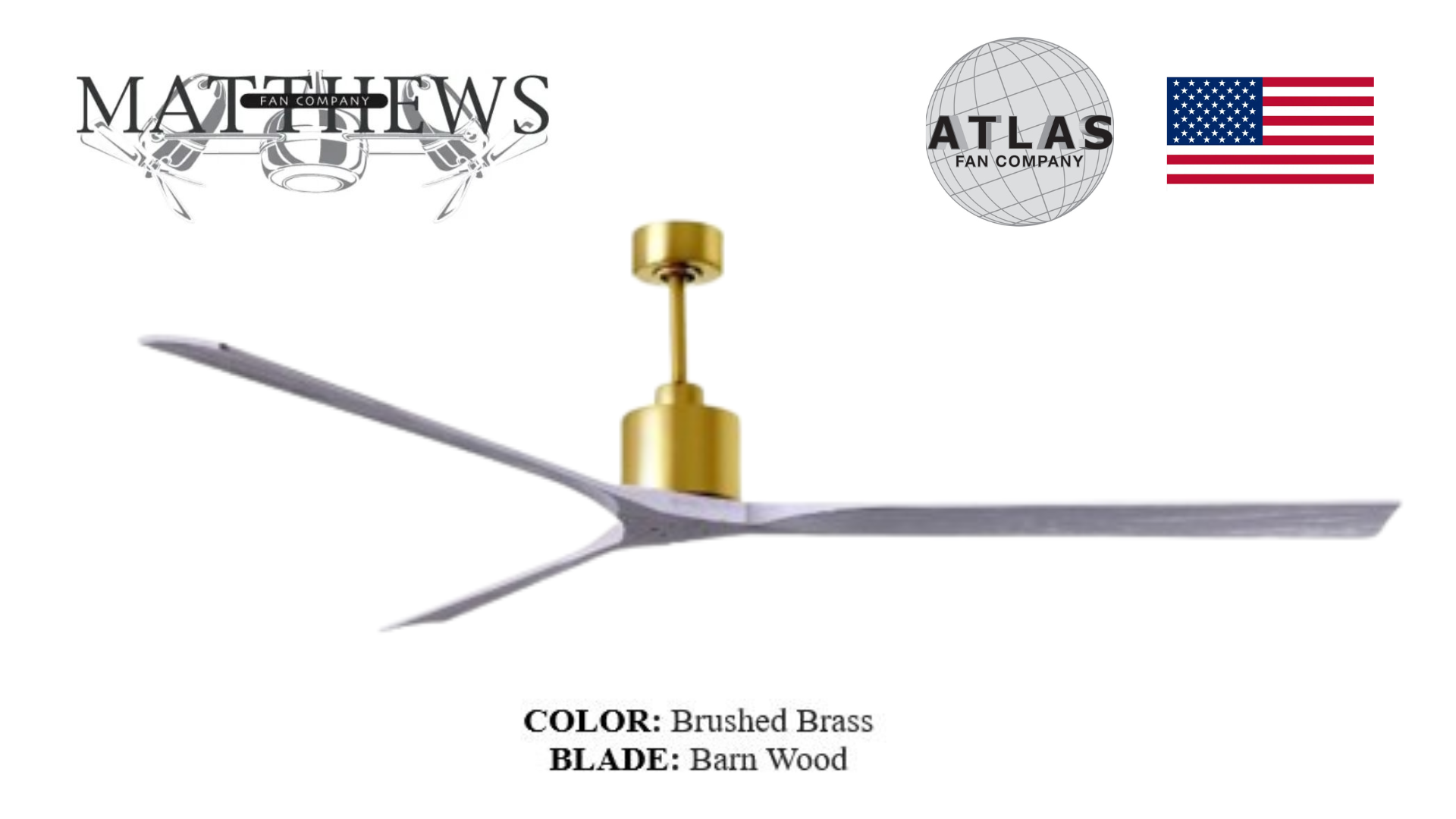 A ceiling fan with brushed brass finish and bass wood blades, designed by Stephen Katz, with the logos of Matthews and Atlas at the top.