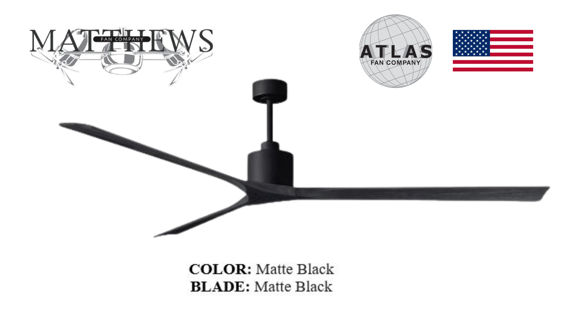 A matte black ceiling fan designed by Chicago architect Stephen Katz, with three blades and a central motor unit, from the brand Sardars.