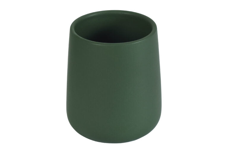 A green cosmetic tumbler, likely made of ceramic or plastic, with a simple solid color design.