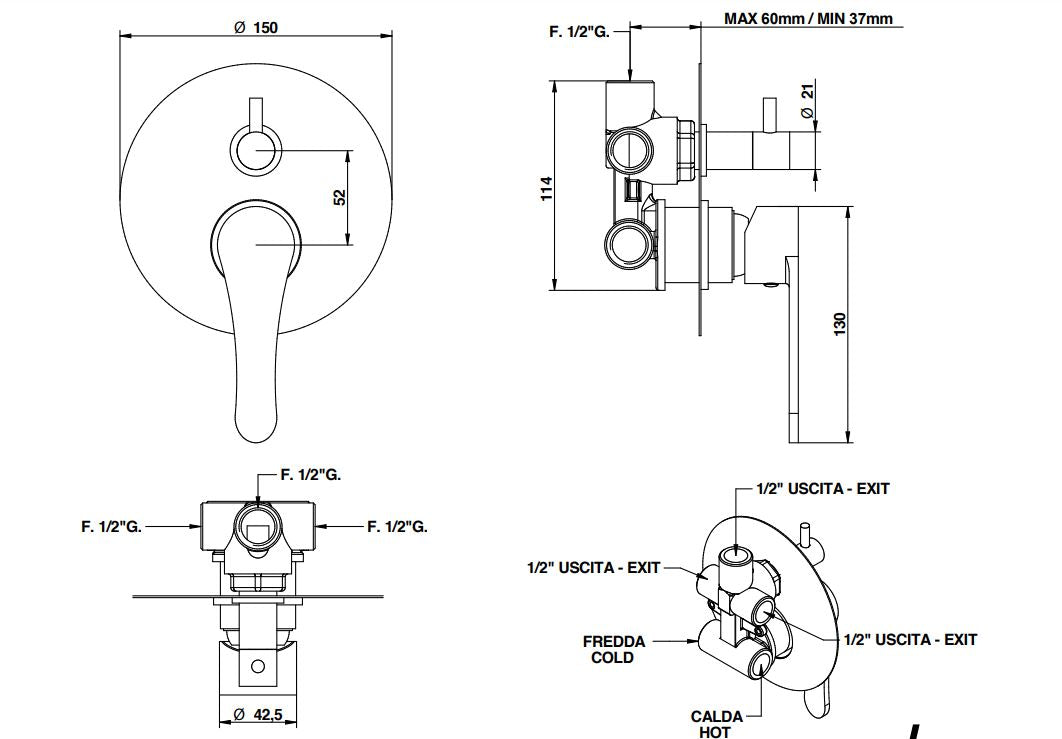 O’Clock Concealed Shower Mixer with Diverter of 3-ways