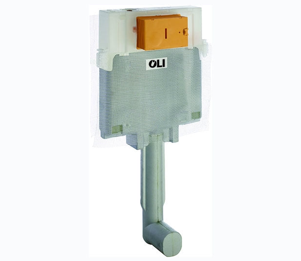 A white wall-hung toilet cistern with a visible flush mechanism and piping, branded with 'OLI'.