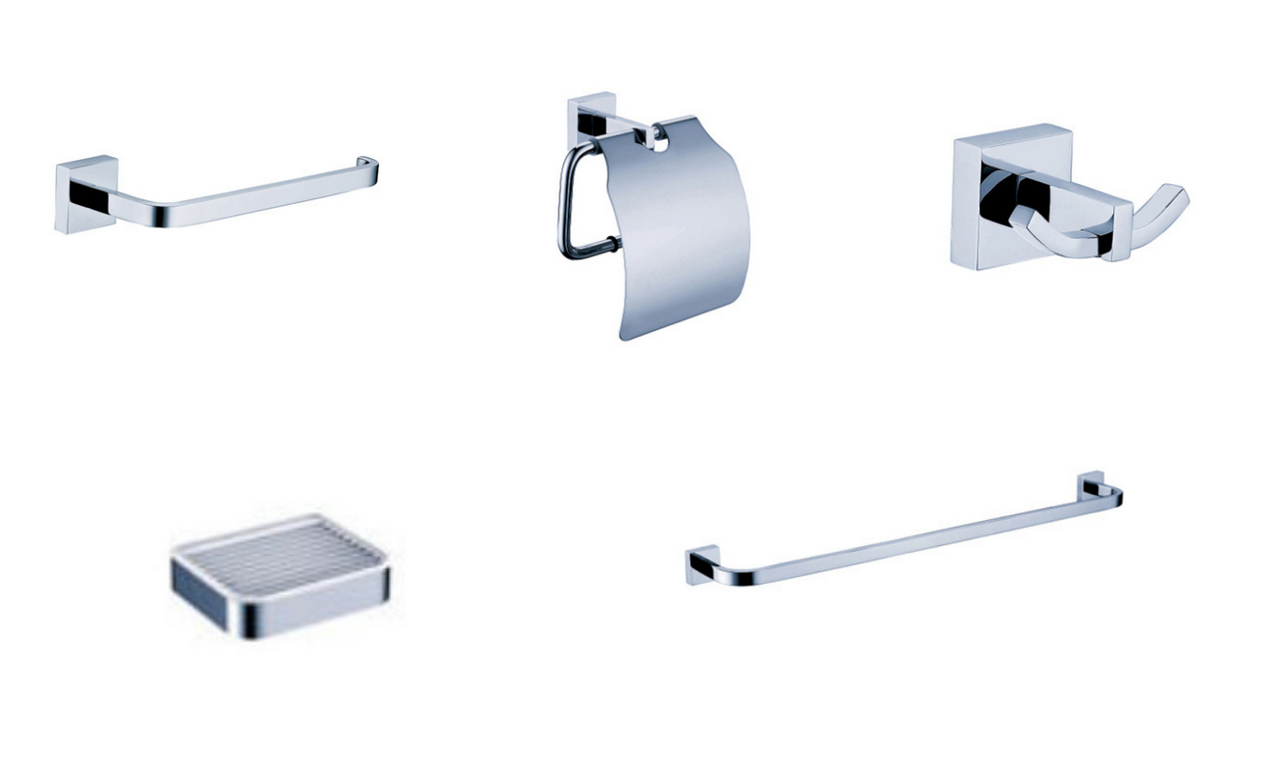 A set of silver bathroom accessories including a towel rack, toilet paper holder, robe hook, soap dish, and a towel bar.