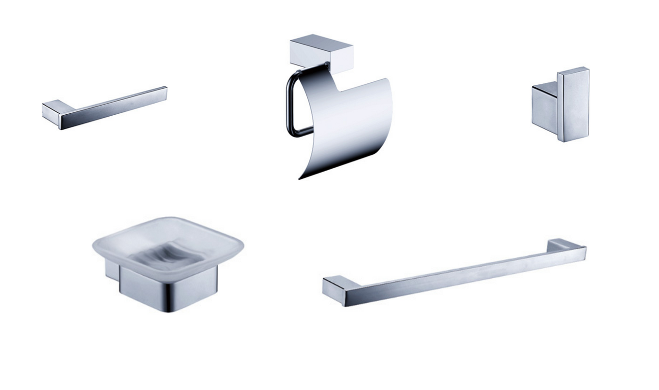 A set of chrome bathroom accessories including a toilet paper holder, a robe hook, a towel rack, a toothbrush holder, and a soap dish.