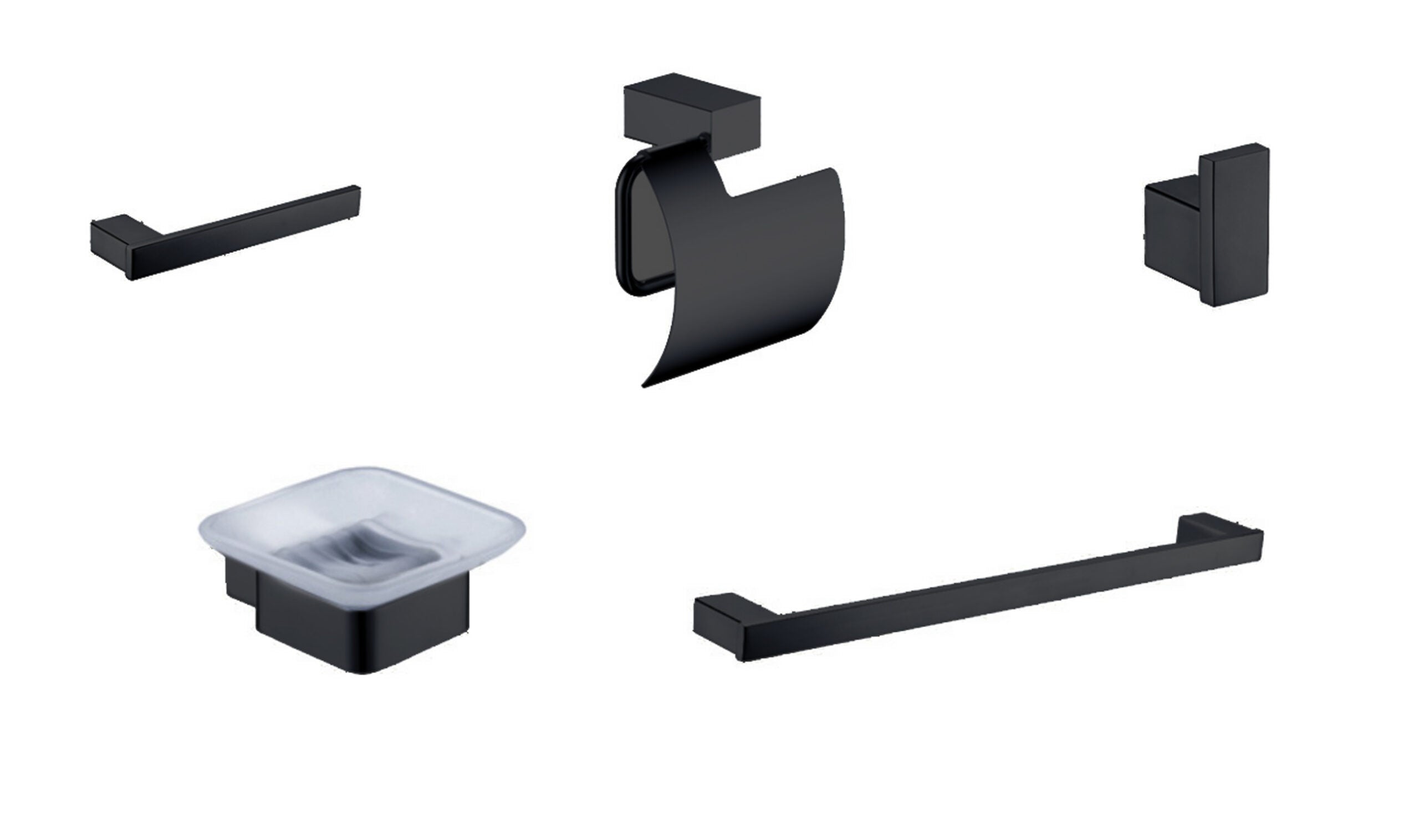 A set of black bathroom accessories including a toilet paper holder, a robe hook, a towel bar, a toothbrush holder, and a soap dish.