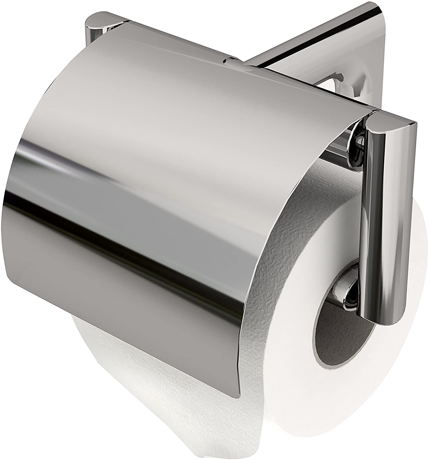 A silver toilet paper holder with a cover.