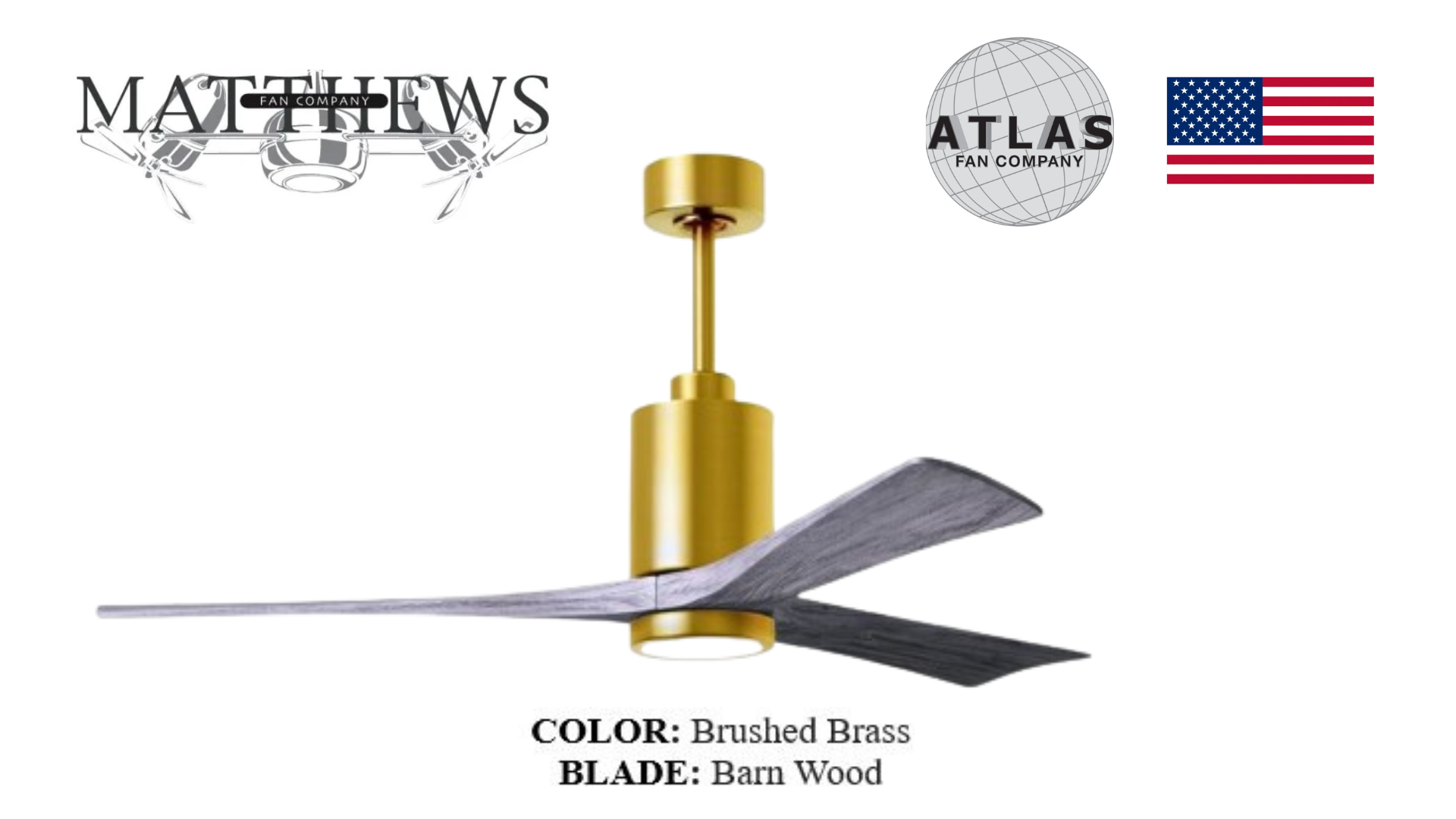 A brushed brass ceiling fan with blades that appear to be made of barn wood. The fan is labeled with 'COLOR: Brushed Brass' and 'BLADE: Barn Wood'.