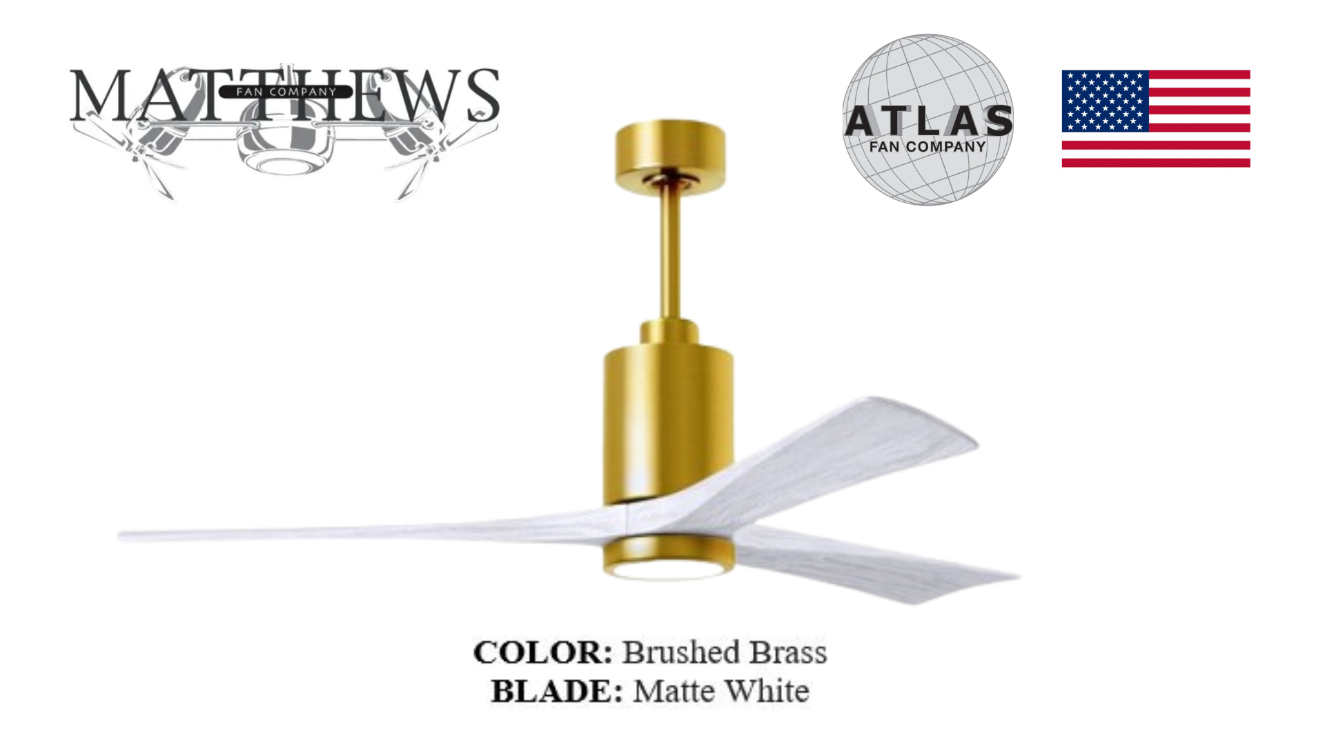 Matthews PATRICIA‑3 brushed brass ceiling fan with LED light Pakistan, 3‑blade solid wood fan brushed brass finish Pakistan, energy-efficient DC motor ceiling fan brushed brass Pakistan, whisper-quiet LED ceiling fan brushed brass, damp-rated Patricia‑3 ceiling fan Pakistan,