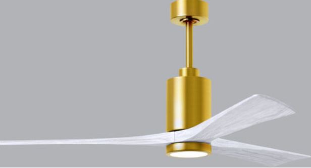 Matthews PATRICIA‑3 brushed brass ceiling fan with LED light Pakistan, 3‑blade solid wood fan brushed brass finish Pakistan, energy-efficient DC motor ceiling fan brushed brass Pakistan, whisper-quiet LED ceiling fan brushed brass, damp-rated Patricia‑3 ceiling fan Pakistan,