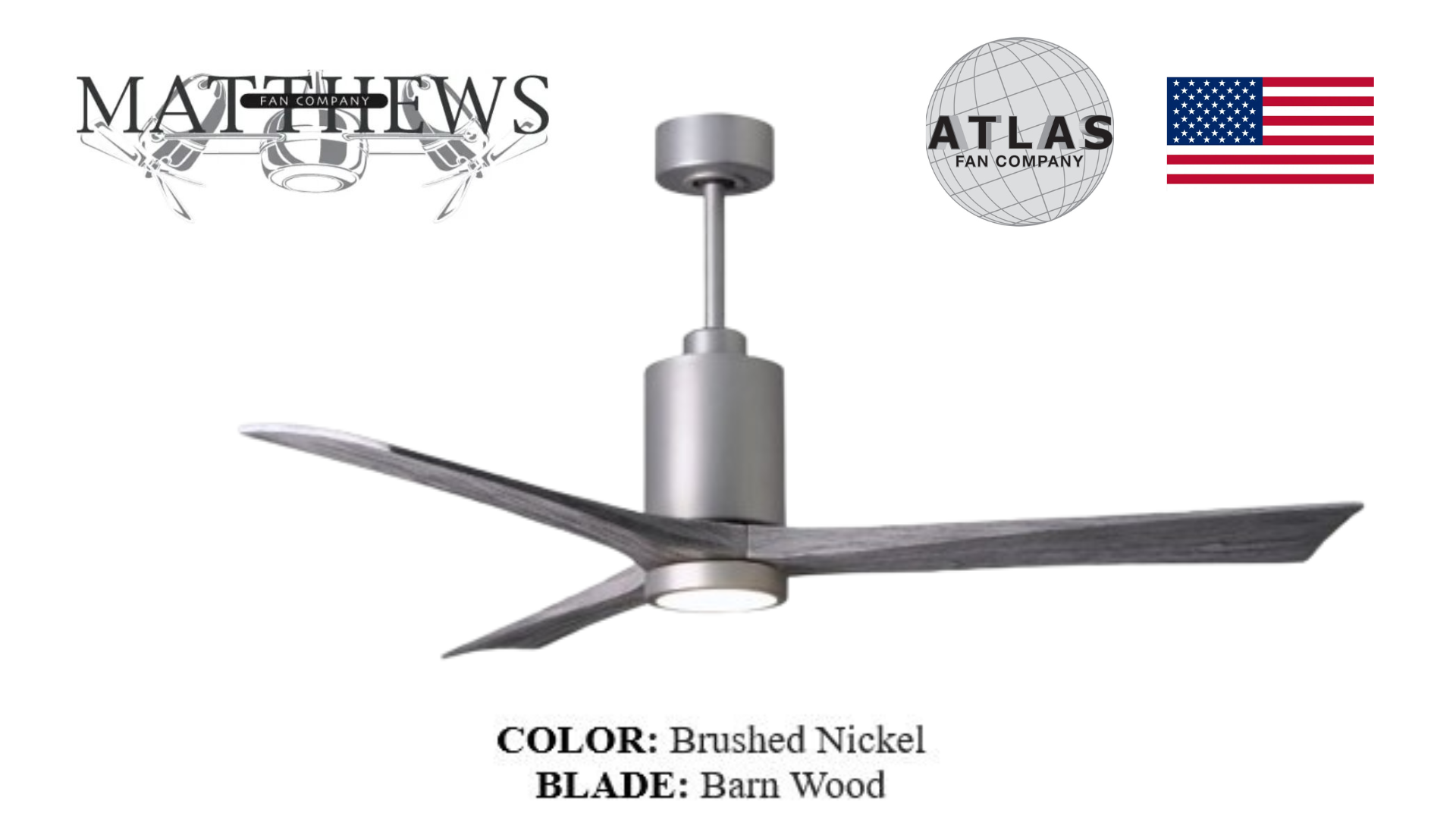 A brushed nickel ceiling fan with barn wood blades and an LED light, branded by Matthews Atlas.
