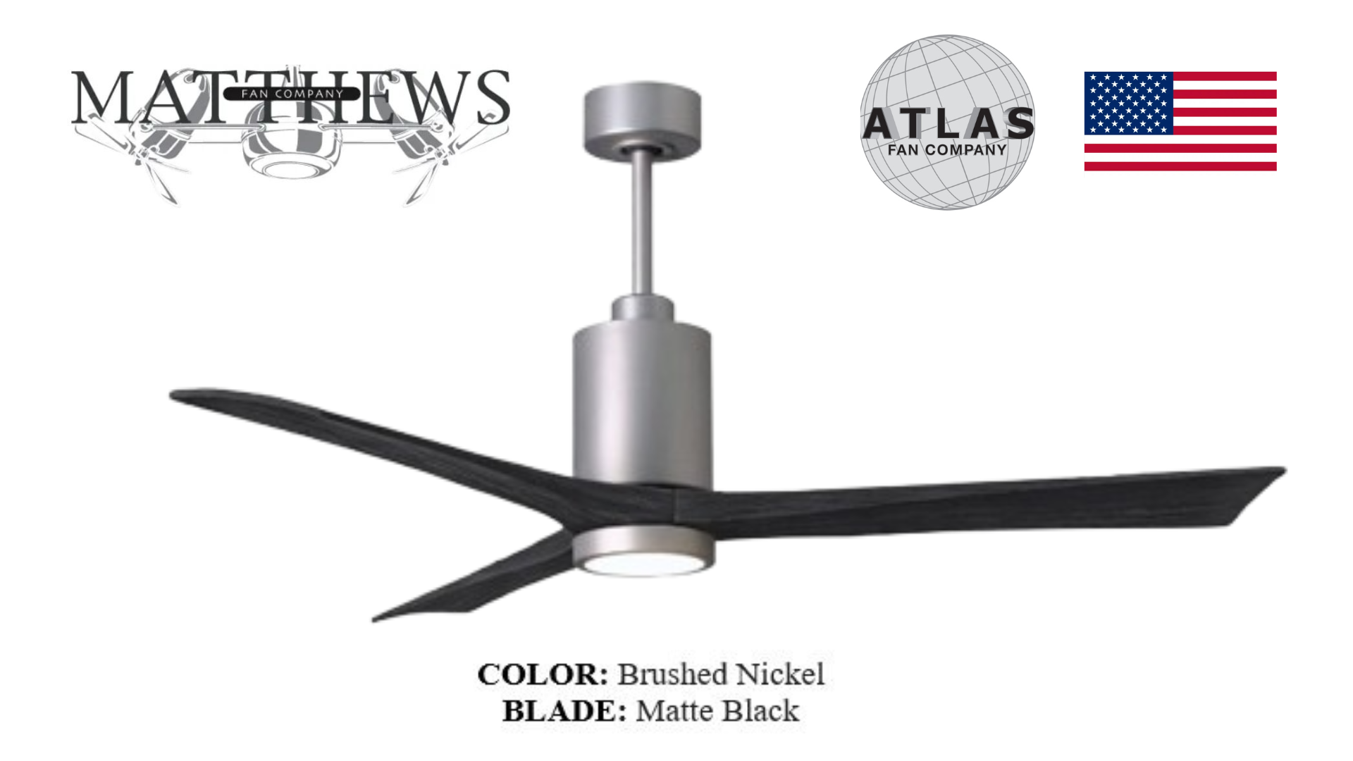 Matthews PATRICIA‑3 brushed nickel ceiling fan with LED Pakistan, 3-blade wood blade brushed nickel ceiling fan Pakistan, energy-efficient DC motor ceiling fan with dimmable LED, whisper-quiet illuminated ceiling fan brushed nickel, damp-rated Patricia‑3 ceiling fan Pakistan,