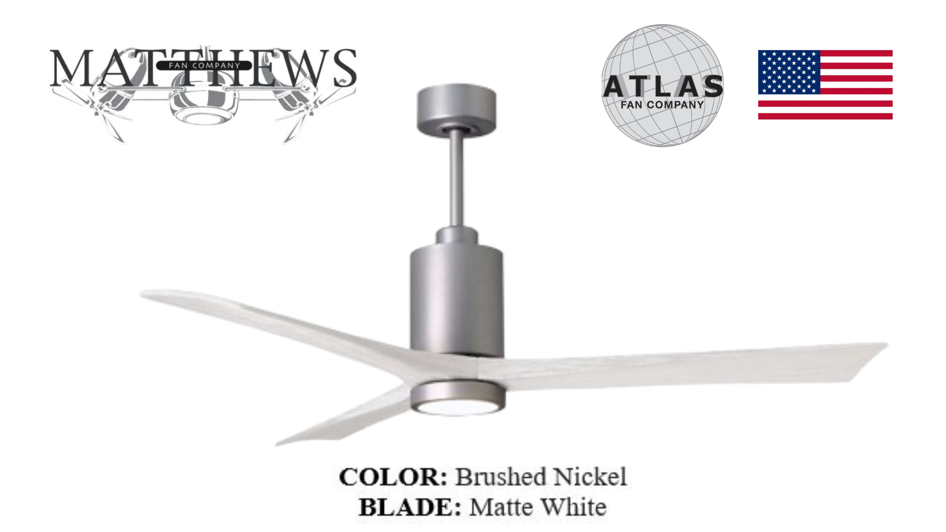 Matthews PATRICIA‑3 brushed nickel ceiling fan with LED Pakistan, 3-blade wood blade brushed nickel ceiling fan Pakistan, energy-efficient DC motor ceiling fan with dimmable LED, whisper-quiet illuminated ceiling fan brushed nickel, damp-rated Patricia‑3 ceiling fan Pakistan,